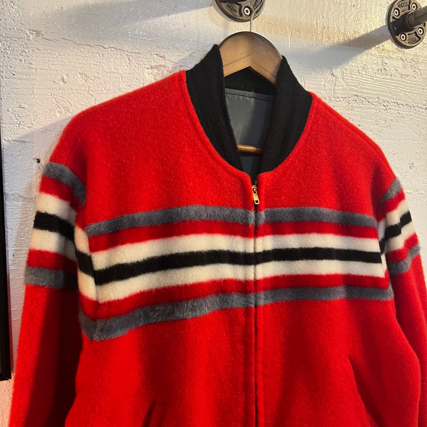 Vintage 1940's Striped Mohair Wool Reversible Stadium Bomber Jacket - Size Large - Made In USA - Talon Zipper