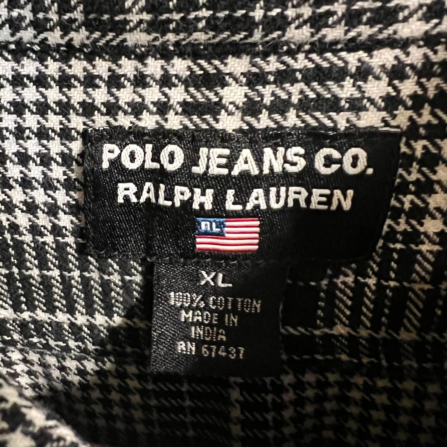 Vintage 90's Polo Jeans Ralph Lauren Houndstooth Micro Plaid Button Up Cotton Flannel Shirt - Size XL - Black/White