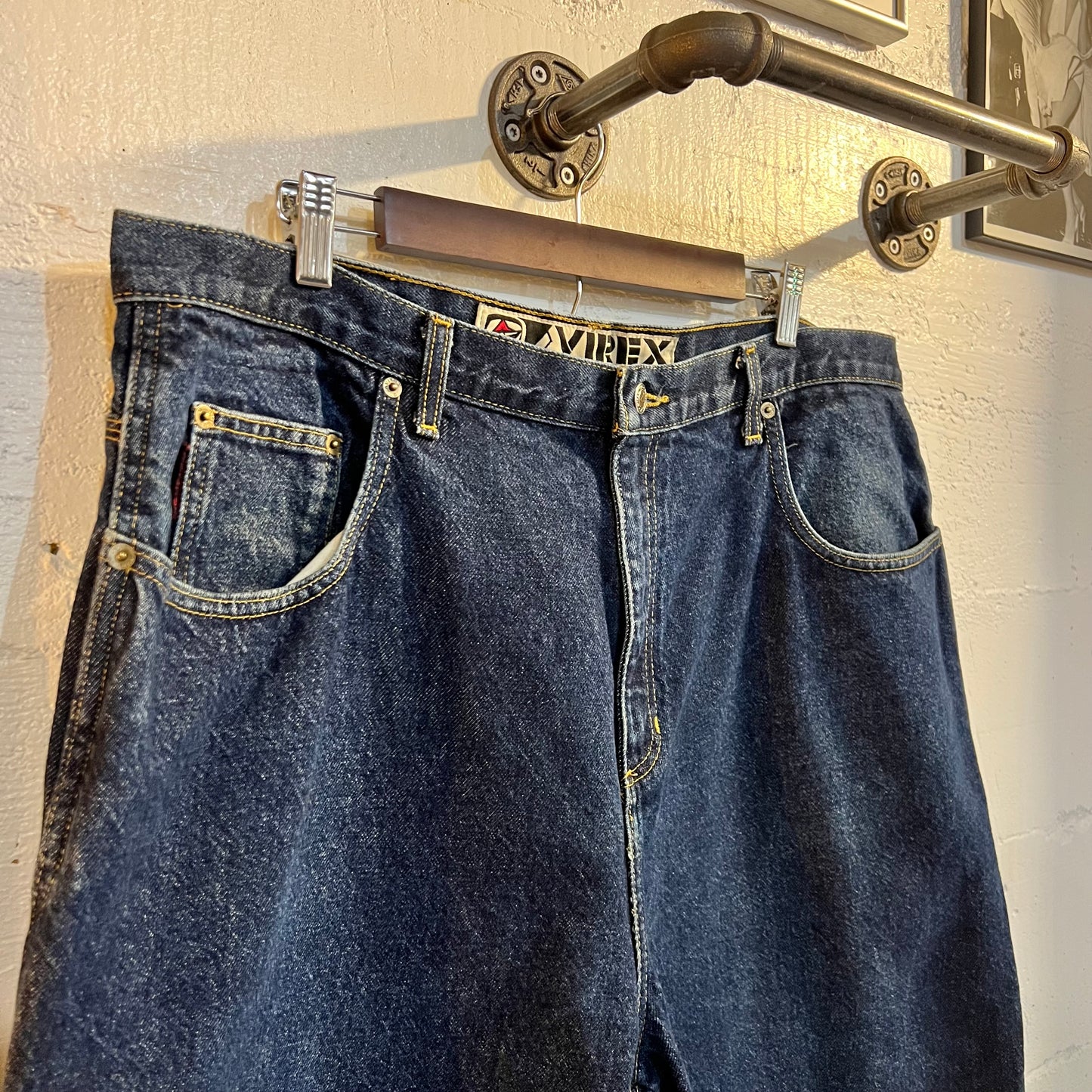 Vintage 90's Avirex Heavyweight Baggy Denim Utility Jean Shorts (Jorts) - Size 38" - Dark Wash Indigo