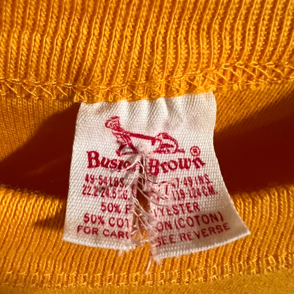 True Vintage 1970's Buster Brown 50/50 Blend Raglan Sleeve Baby Tee - Size XS - Golden/Yellow - Made In USA