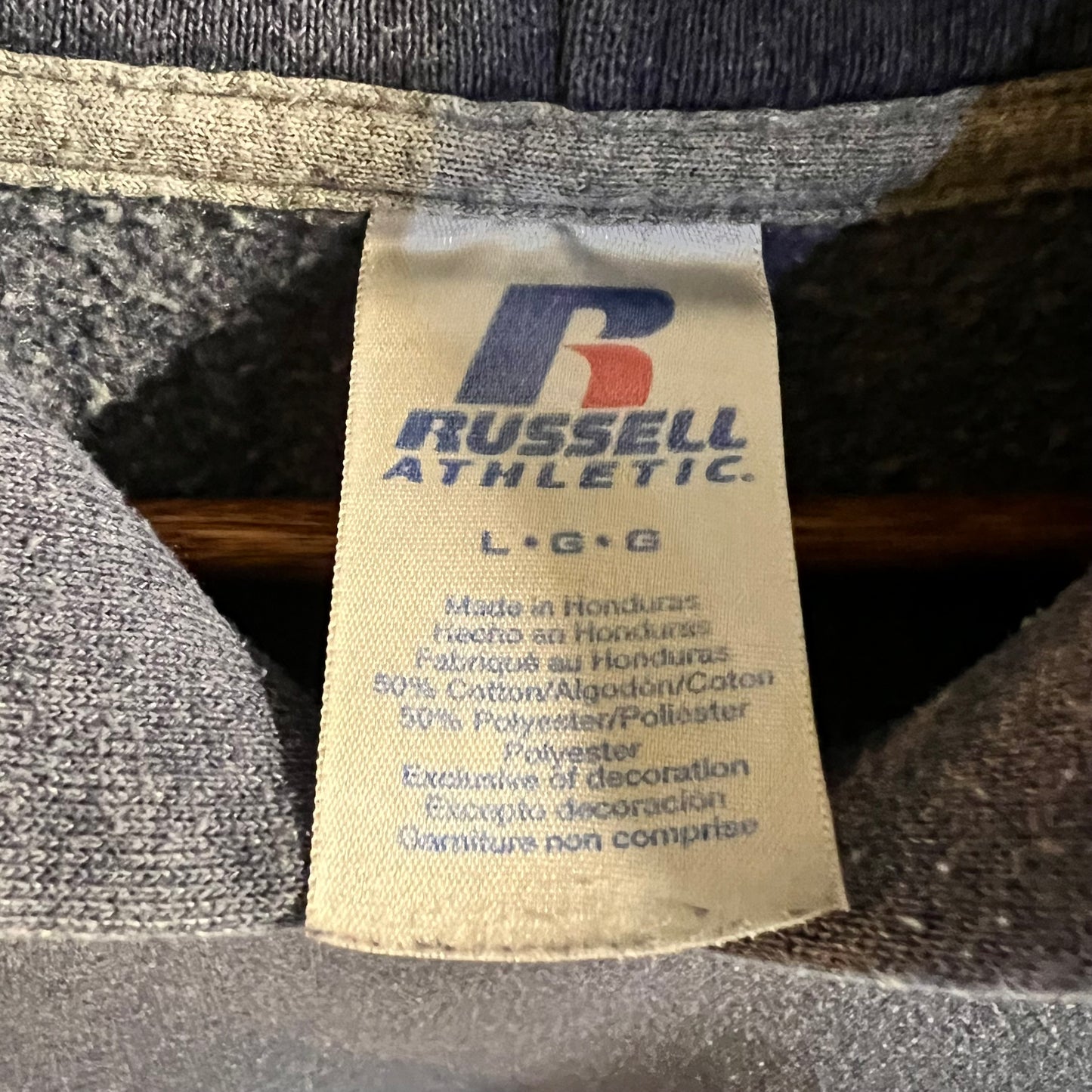 Vintage Y2K Russell Athletic Blank Distressed Pullover Hoodie - Size Large - Charcoal Grey
