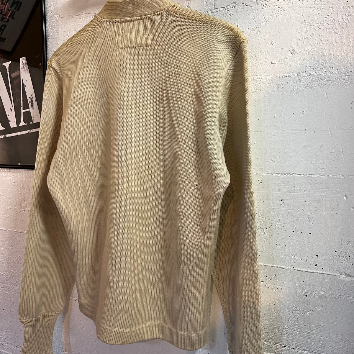 True Vintage Distressed 1950's Kandel Knitting Mills Virgin Wool Varsity Letterman Cardigan Sweater - Size Large - Made In USA - Off-White/Cream/Purple