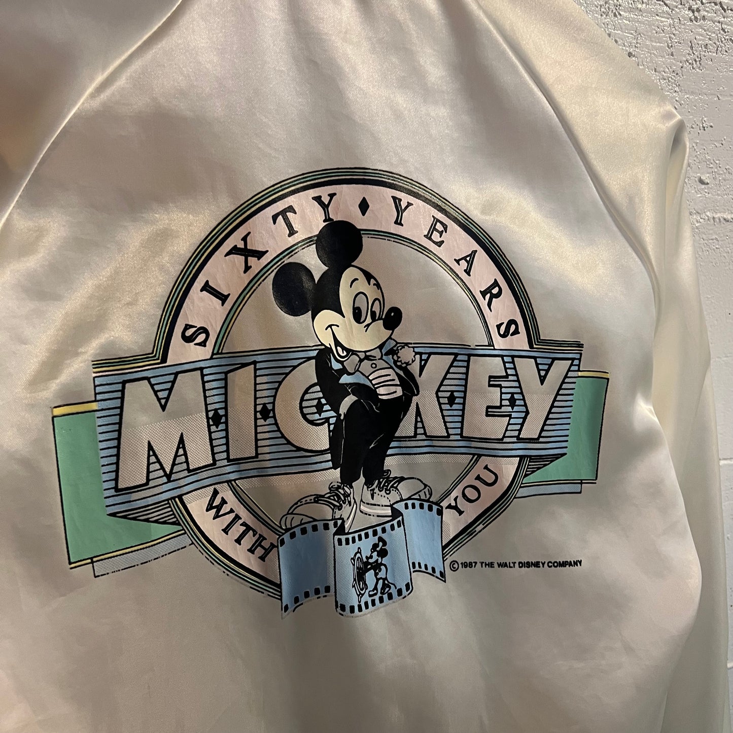 Vintage 1987 Walt Disney Mickey Mouse 60 Year Anniversary Satin Bomber Jacket - Size Small - White - Chalk Line