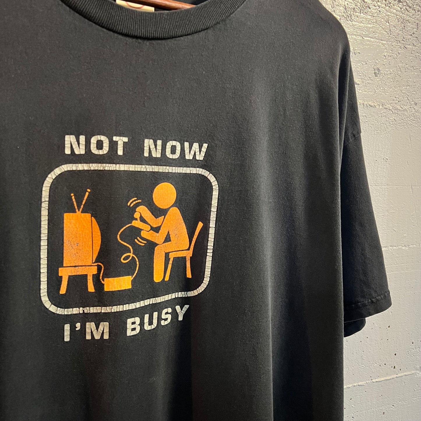 Vintage Funny Video Game ‘Not Now I’m Busy' T-Shirt - Size 2XL - Black/Grey/Orange