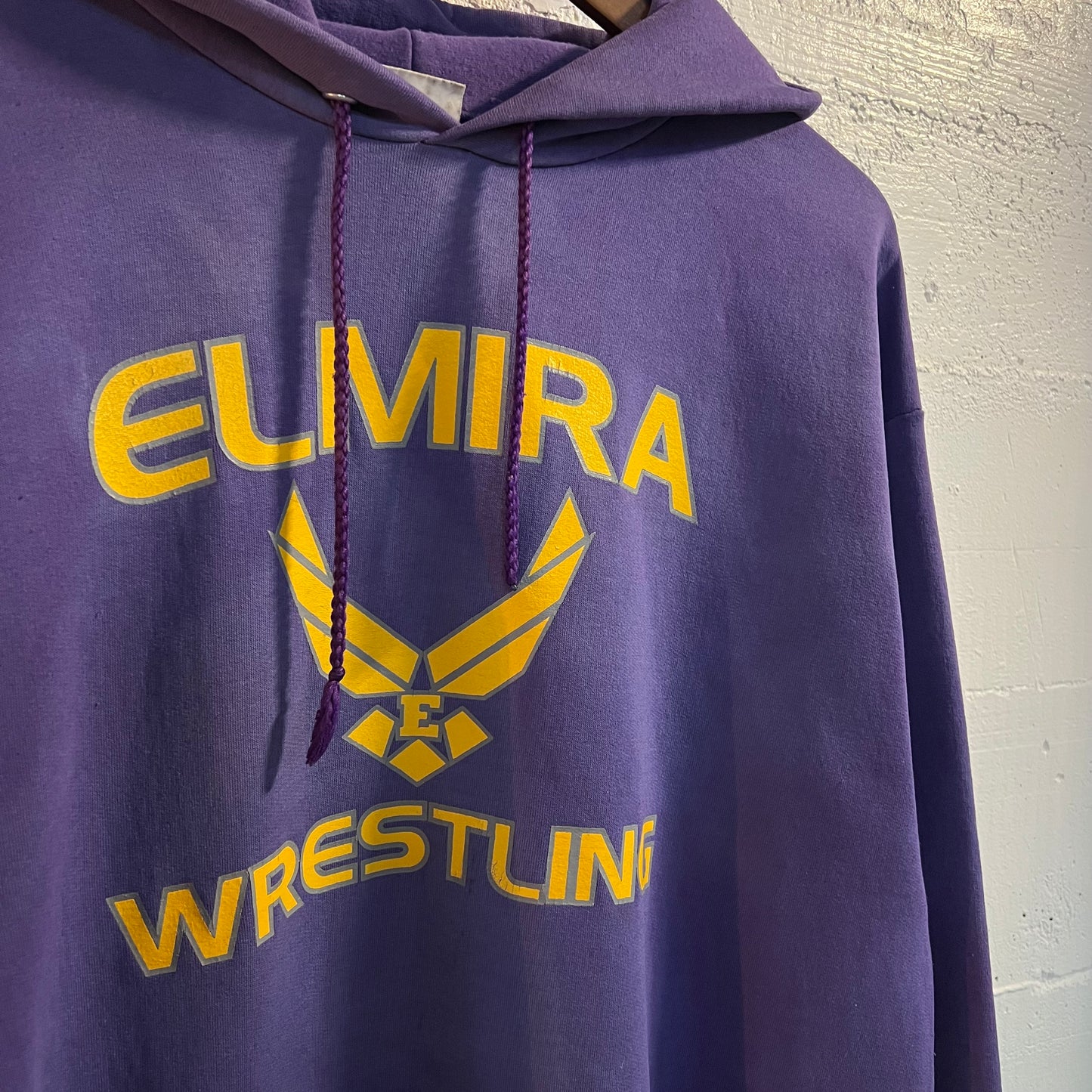 Vintage 2000's Distressed Sun Faded Elmira Wrestling Hoodie Sweatshirt - Size Large - Purple/Yellow/Grey