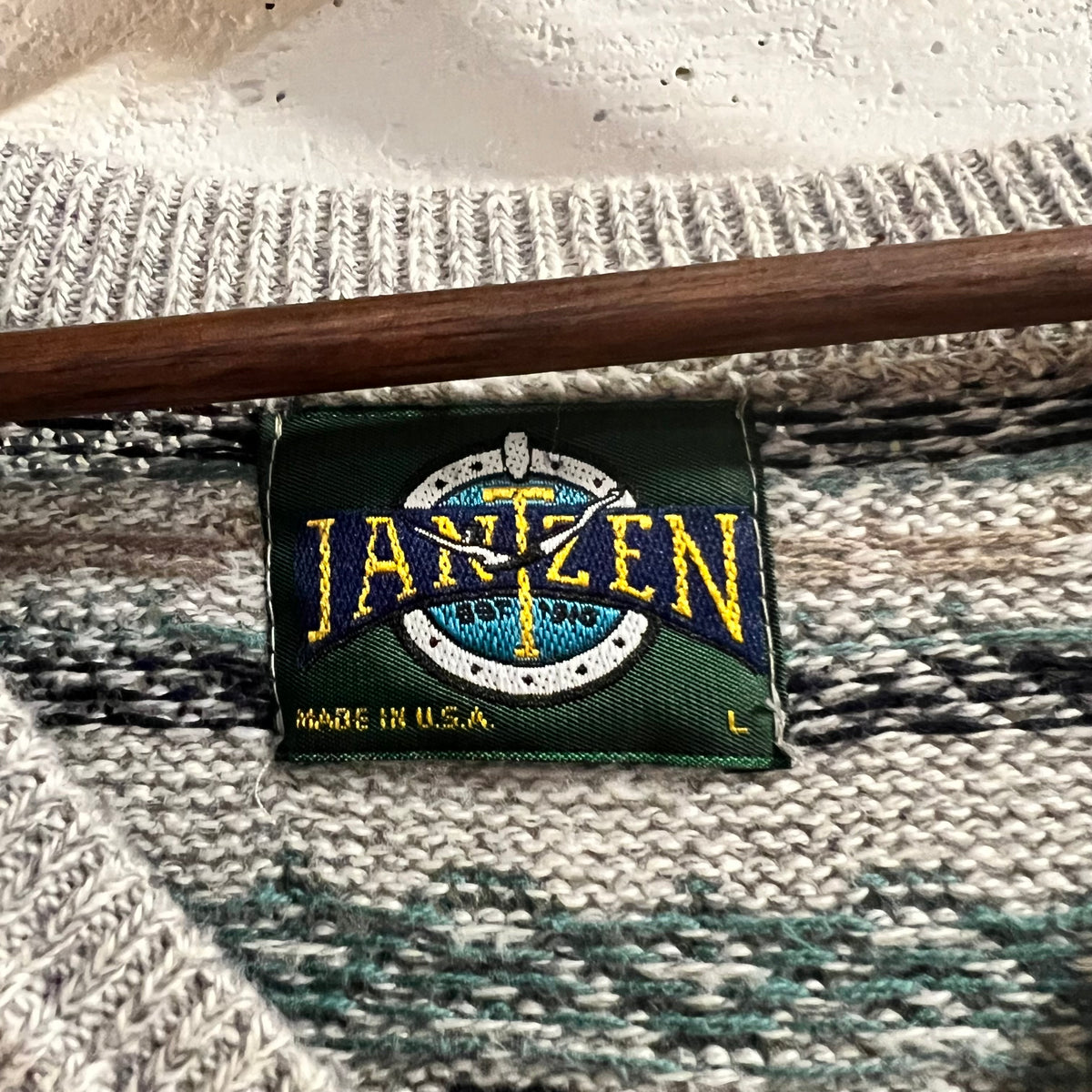 Vintage 90’s Jantzen Fair Isle Geometric Knitted V-Neck Sweater - Size Large - Made In USA - Grey/Blue/Black/Tan