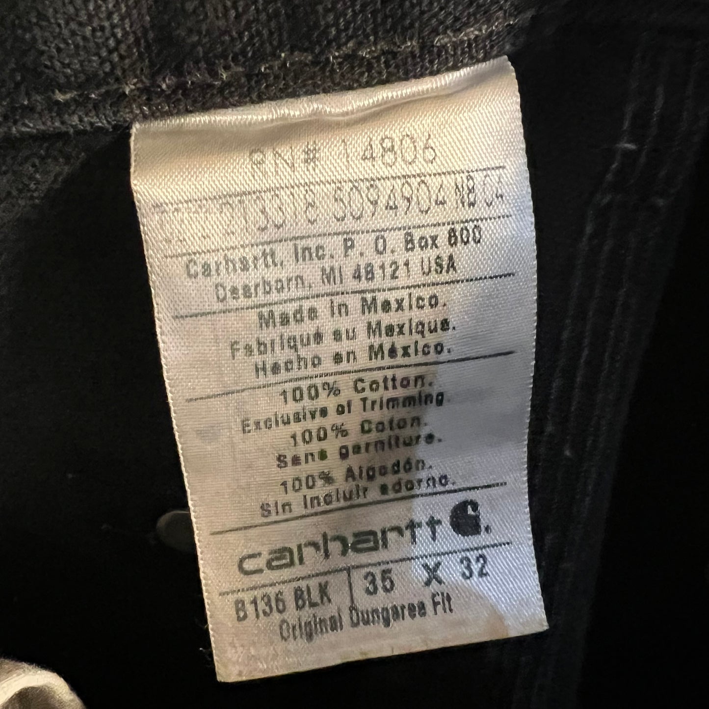 Vintage Carhartt Duck Canvas Original Fit Double Knee Work Pants - Size 35" x 32" - Black - B136 BLK