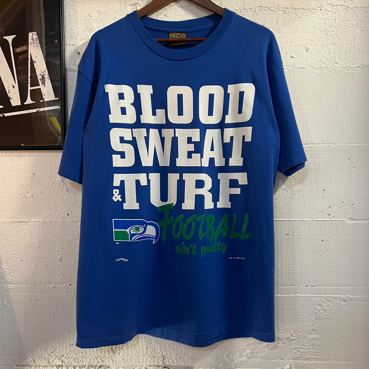 Vintage 1994 NFL Seattle Seahawks ‘Blood, Sweat & Turf’ Single Stitch T-Shirt - Size Large - Made In USA - Blue/White