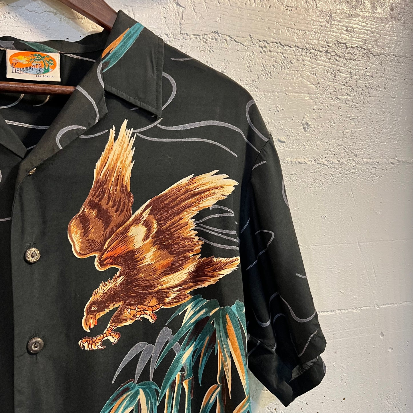 Vintage 1970’s Kennington California Rayon (Tiger VS Falcon) Aloha Surf Shirt - Size Small - Black/Multicolor