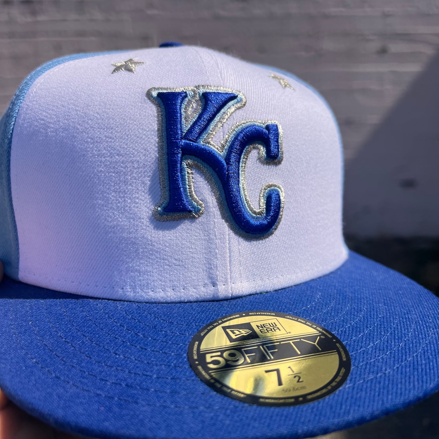 Kansas City Royals Pinwheel New Era Fitted Hat - Size 7-1/2 - Blue/White