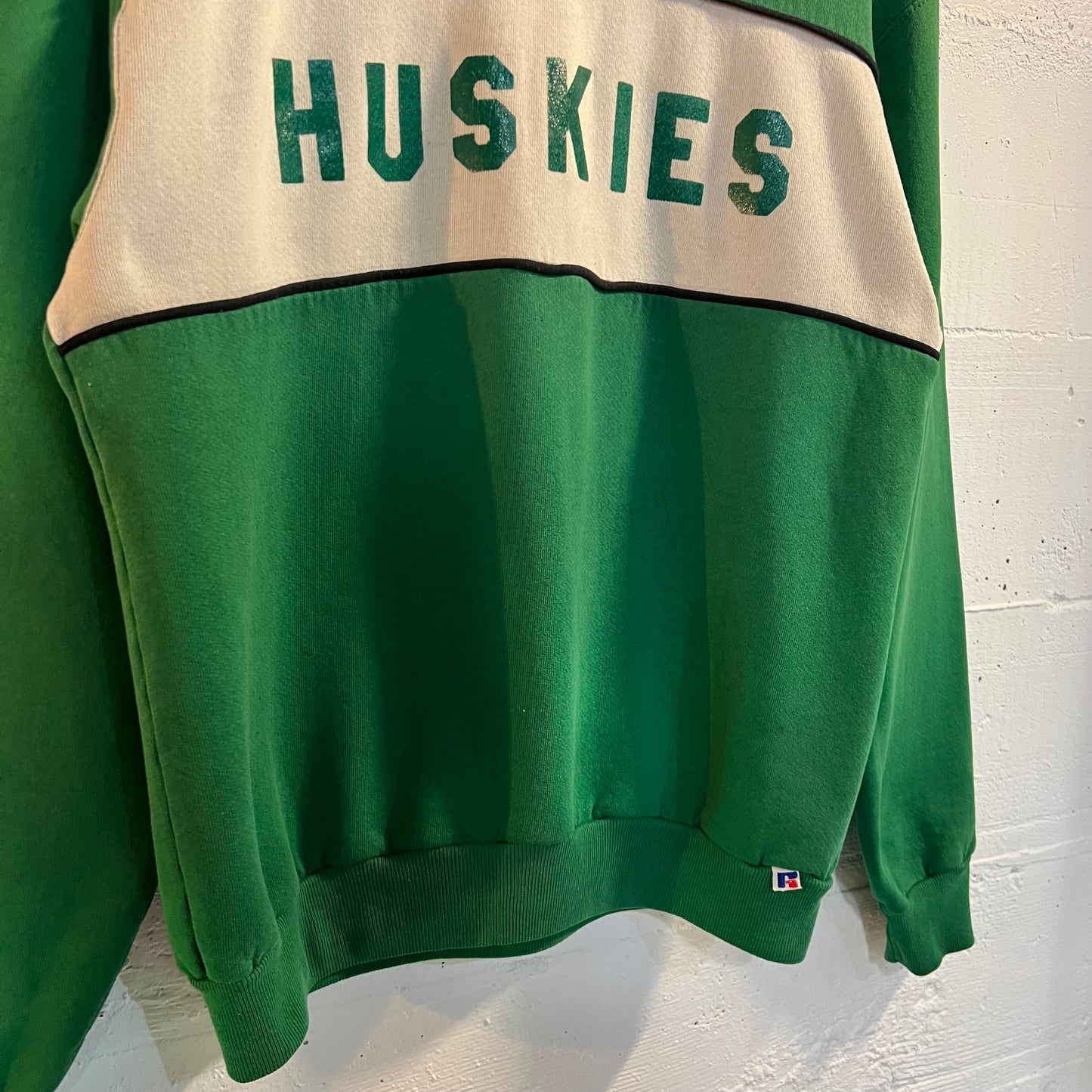 Vintage 1980's Distressed Russell Athletic Huskies Collegiate Crewneck Sweatshirt - Size Medium - Made In USA - Green/White/Black