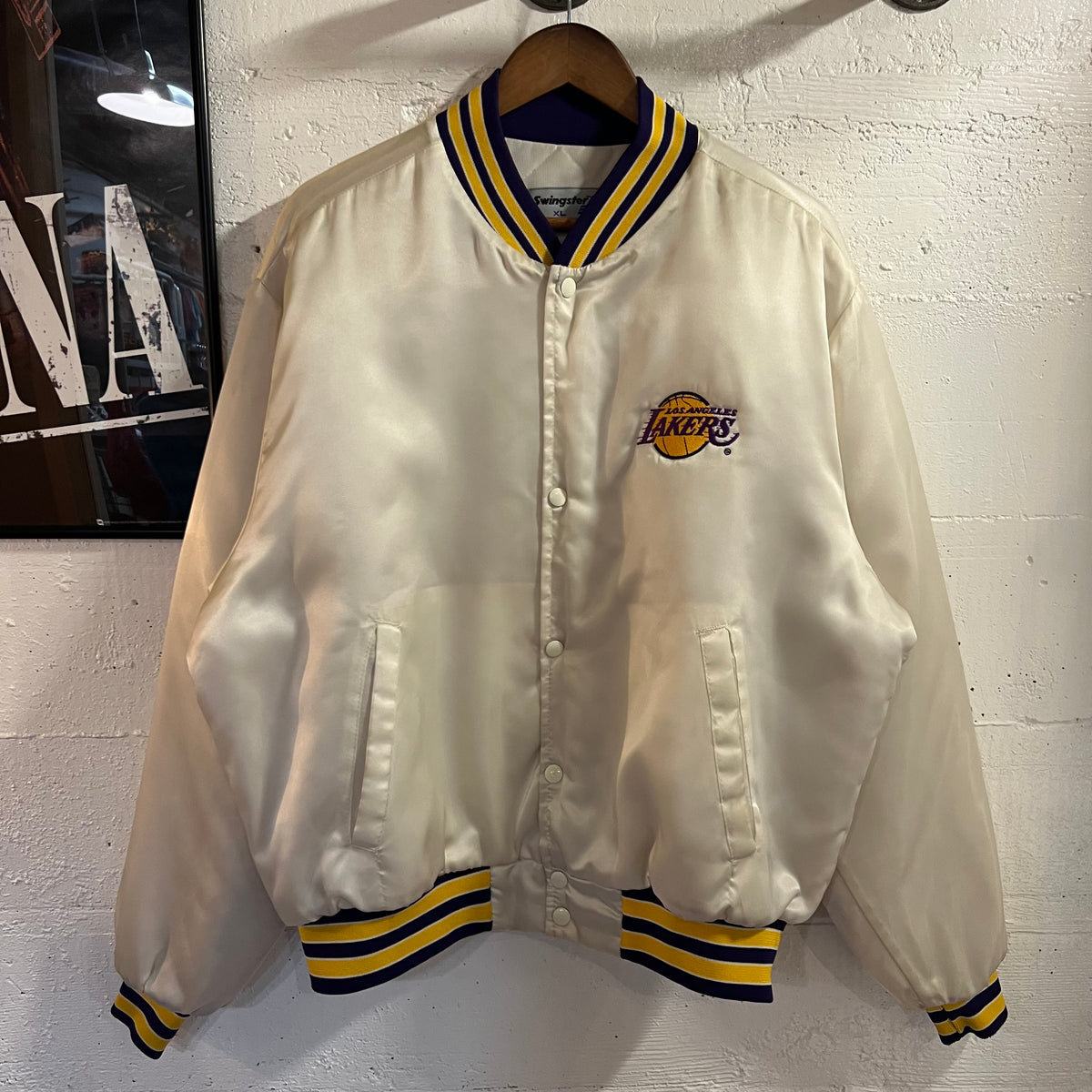 Vintage 90's Los Angeles Lakers Embroidered Swingster Satin Bomber Jacket - Size XL - Made In USA - White/Yellow/Purple