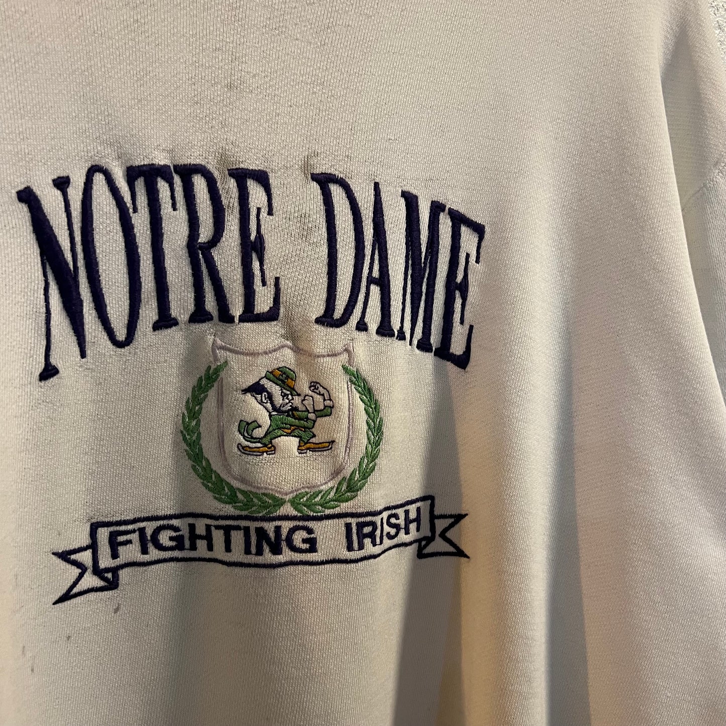 Vintage 90's Distressed Notre Dame Fighting Irish Logo 7 Embroidered Crewneck Sweatshirt - Size Large - Made In USA