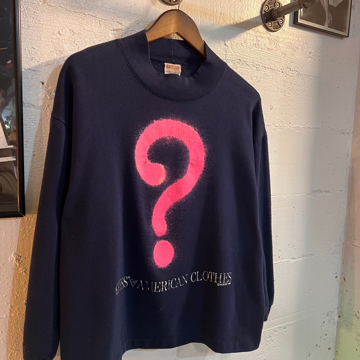 Vintage 1989 Guess By Georges Marciano '?' Logo Mock Neck Sweatshirt - Size Medium - Made In USA - Single Stitch - Navy/Pink