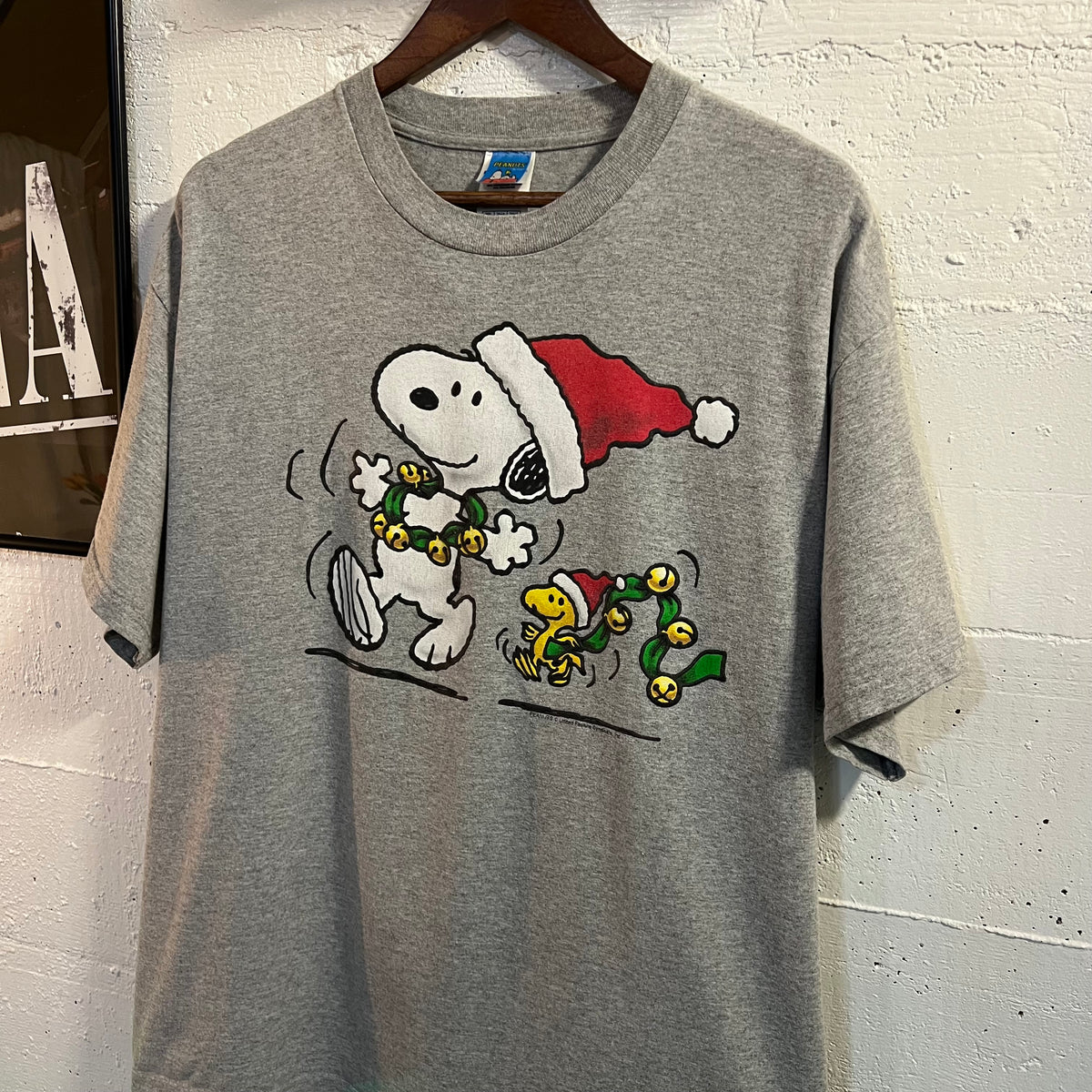 Vintage Peanuts 'Snoopy & Woodstock' Puff Print Christmas T-Shirt - Size XL - Heather Grey