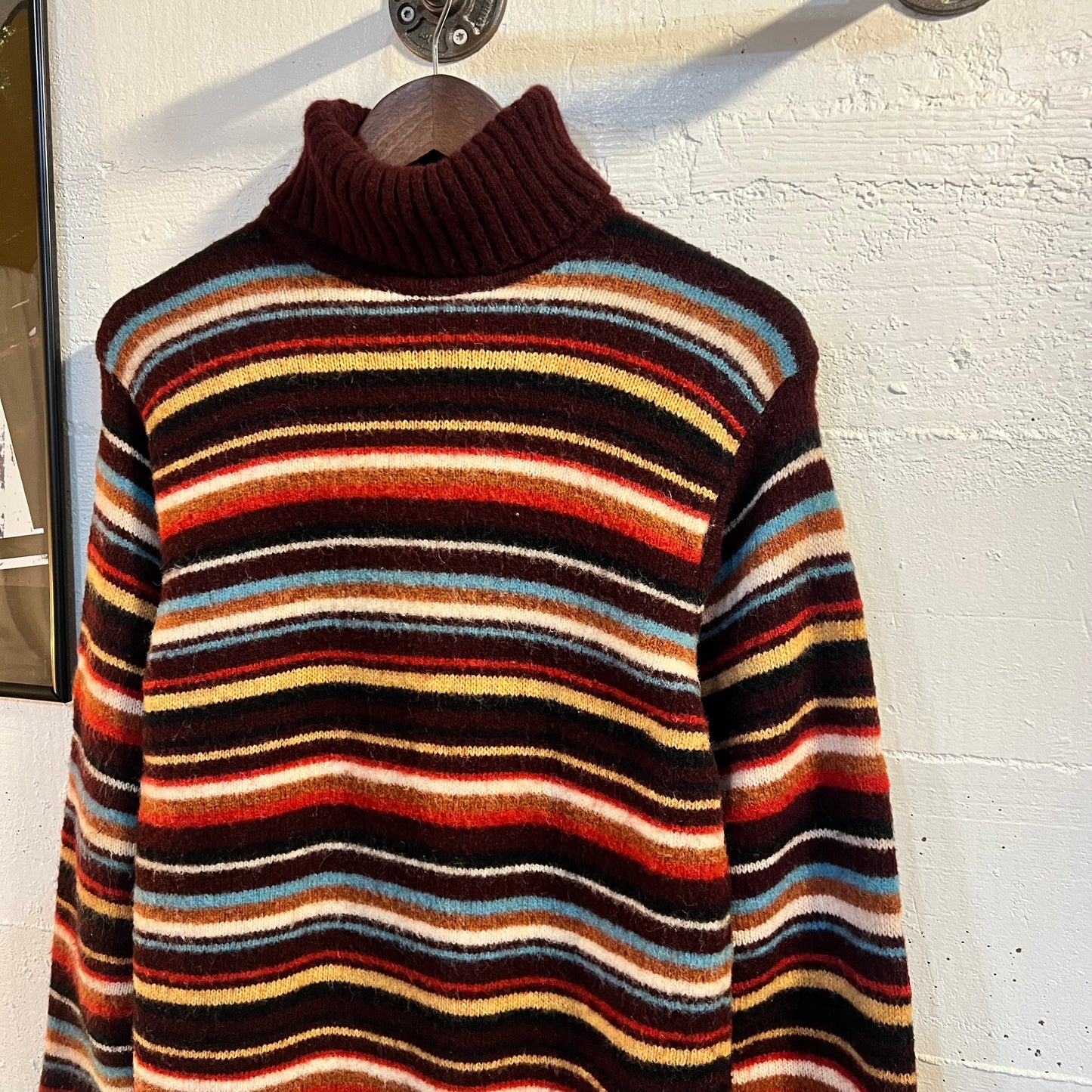 Vintage Striped Norwegian Style Wool Turtle-Neck Knitted Sweater - Size Large - Multicolor