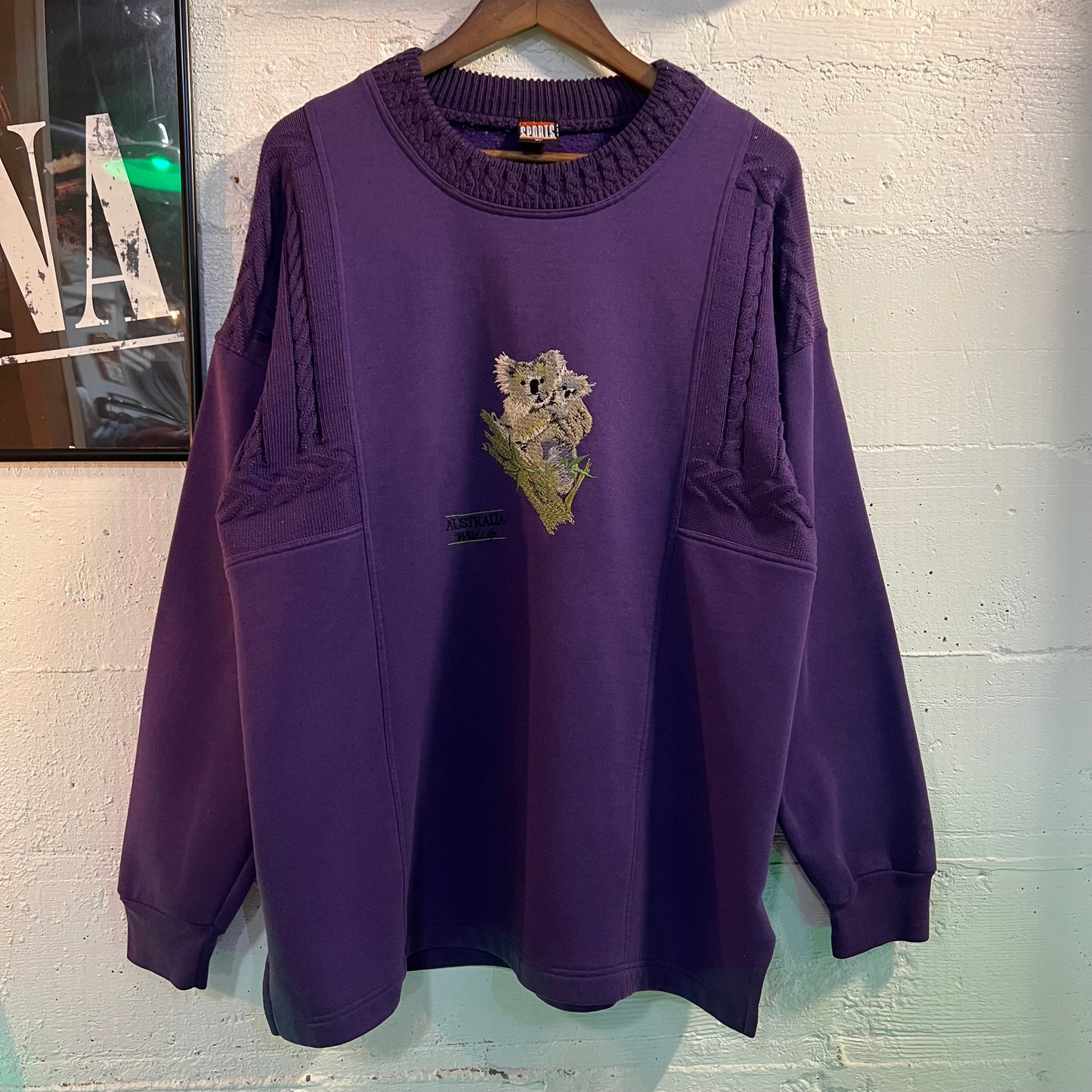 Vintage Embroidered Australia Wildlife Half Knitted/ Half Crewneck Sweatshirt - Size XL - Made In Australia - Purple