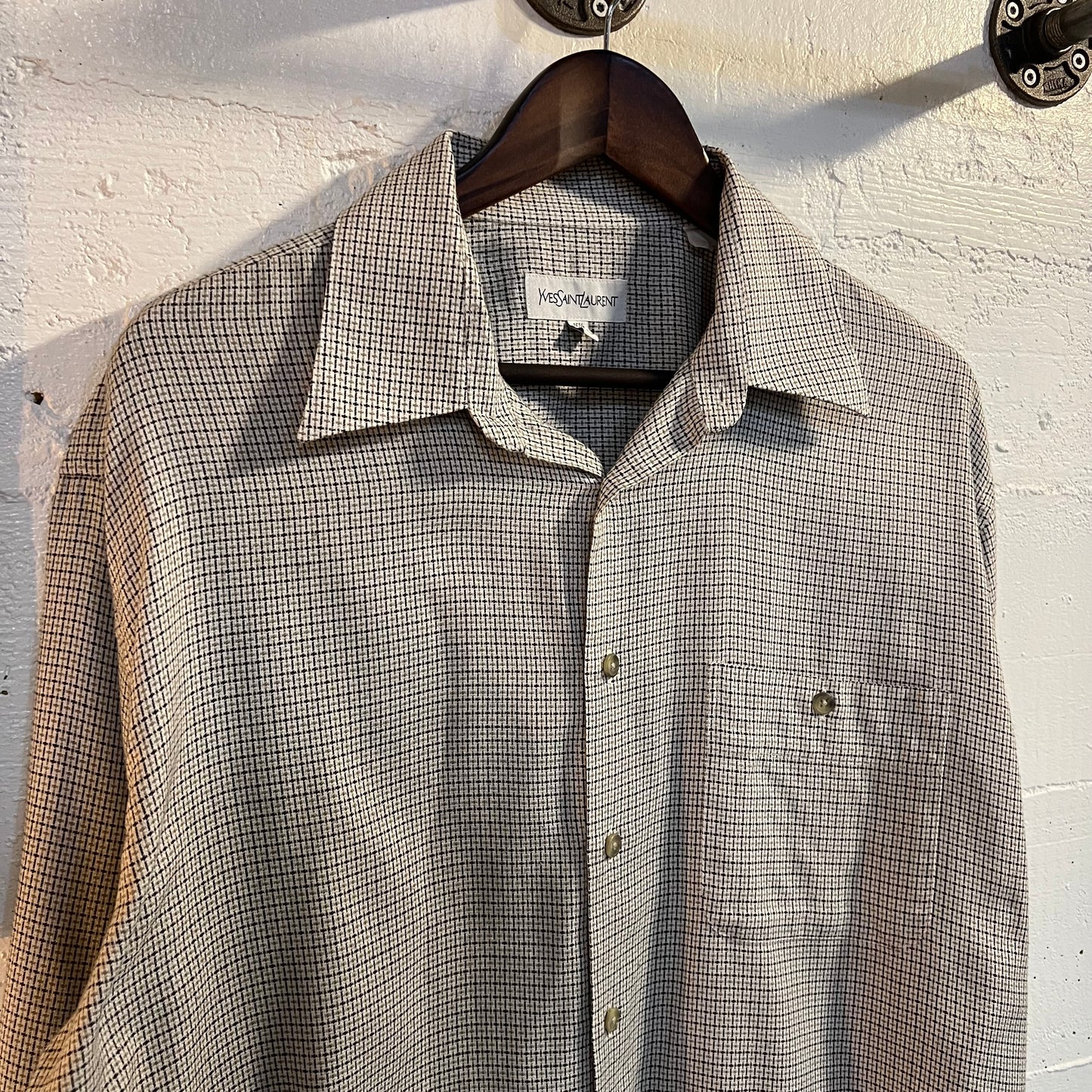 Vintage 90's Yves Saint Laurent Plaid Style Button Up Shirt - Size Large (16.5-32/33) - Off-White/Tan/Black