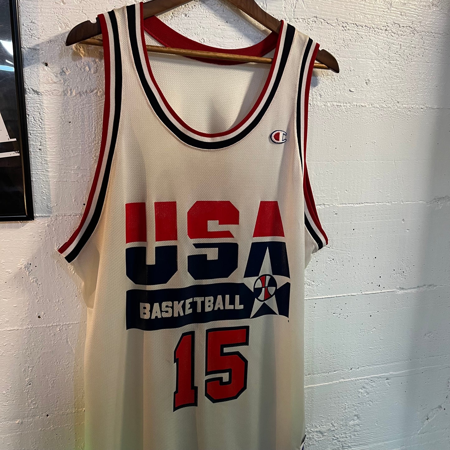 Vintage 1992 Champion Team USA Dream Team 'Magic Johnson' #15 European Release Basketball Jersey - Size XL - Made In USA - Red/White/Blue