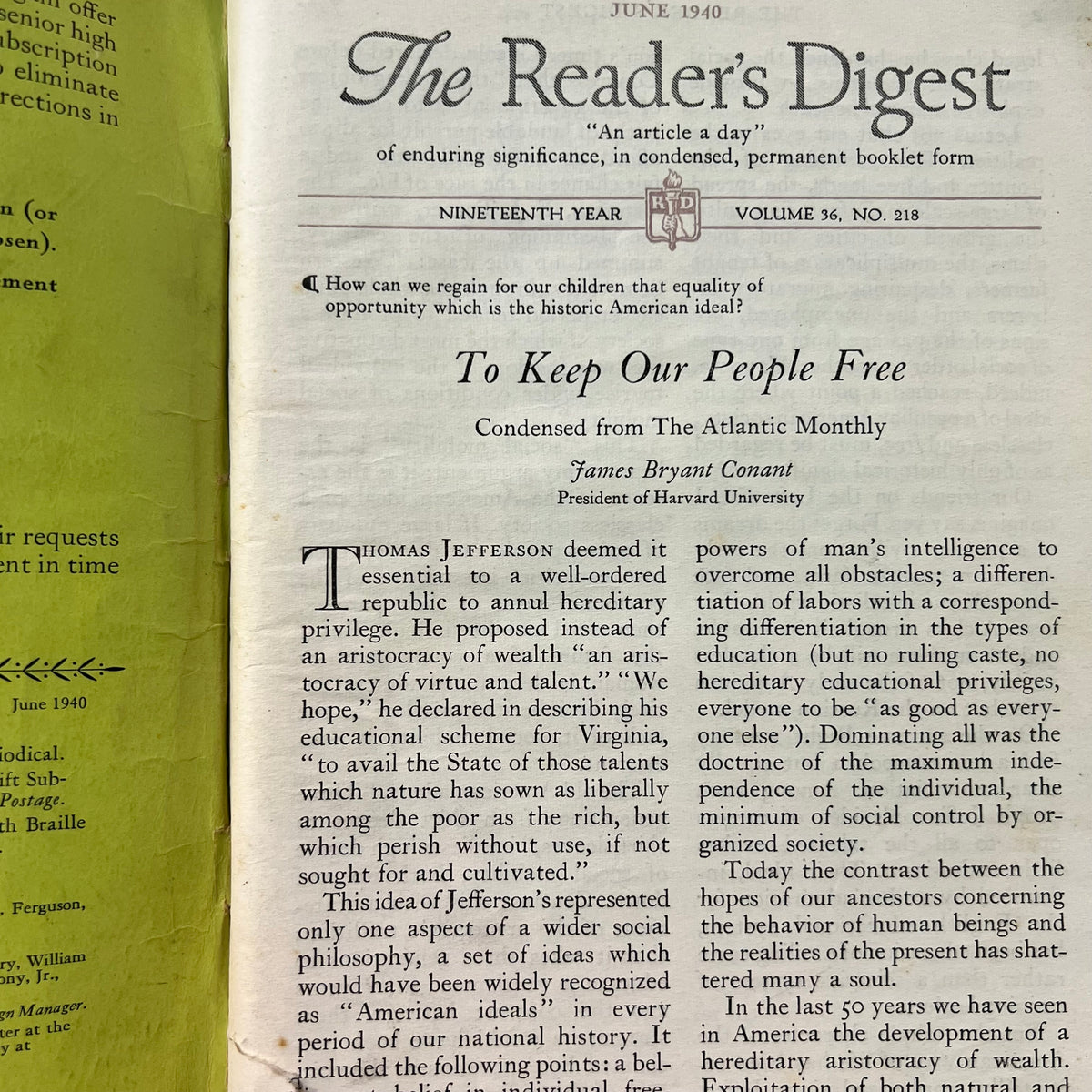 Vintage 1940's Readers Digest Magazine - Vol. 36 No. 218 - Green/Silver/Black