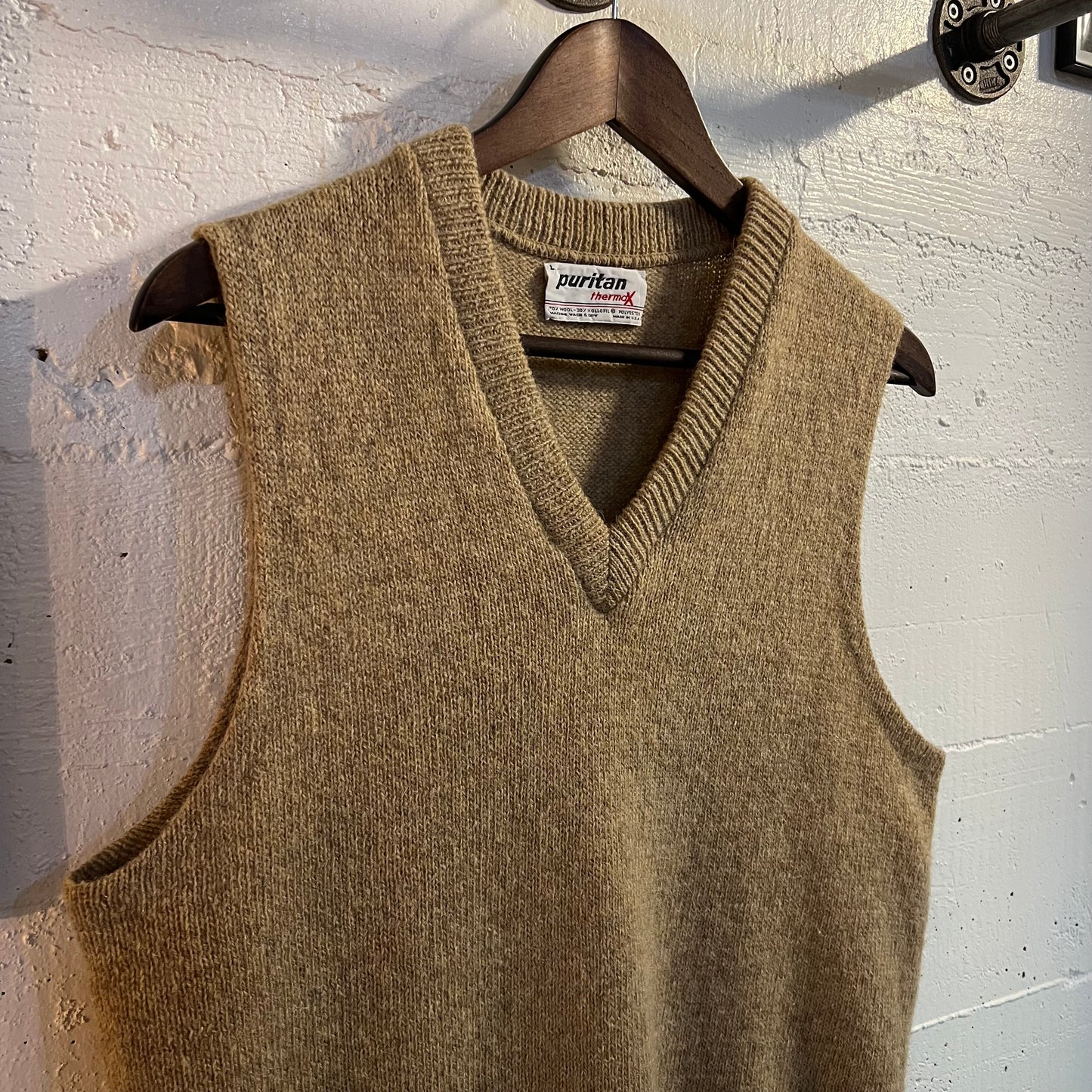 Vintage 80’s Puritan Thermax Knit Wool Blend Sweater Vest - Size Large - Made In USA - Tan