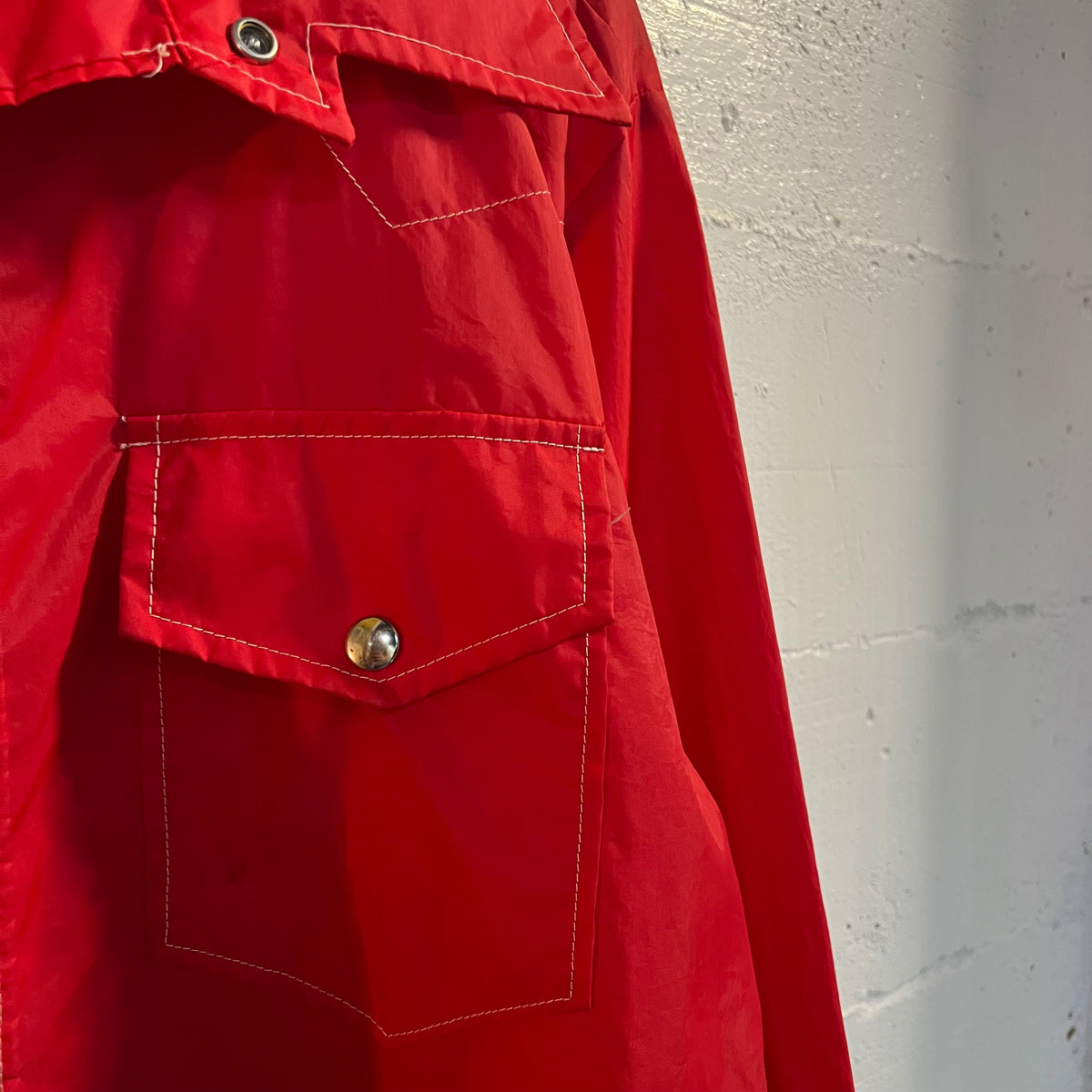 True Vintage 60's Champion Running Man Rodeo Style Button Snap Nylon Jacket - Size XL - Made In USA - Red/White