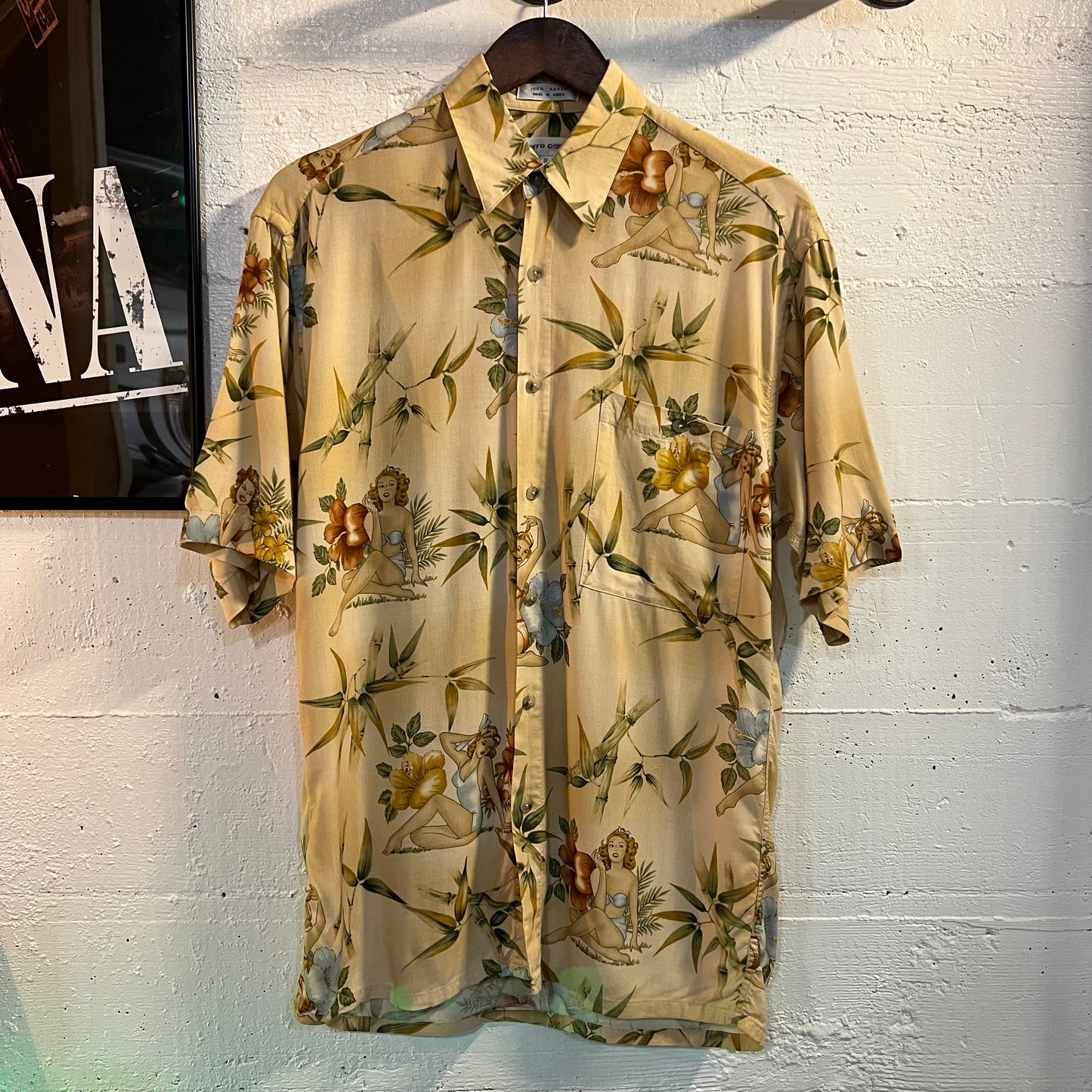 Vintage Pierre Cardin Hawaiian Pin Up Rayon Short Sleeve Button Up Shirt - Size Small - Made In Korea - Earth Toned