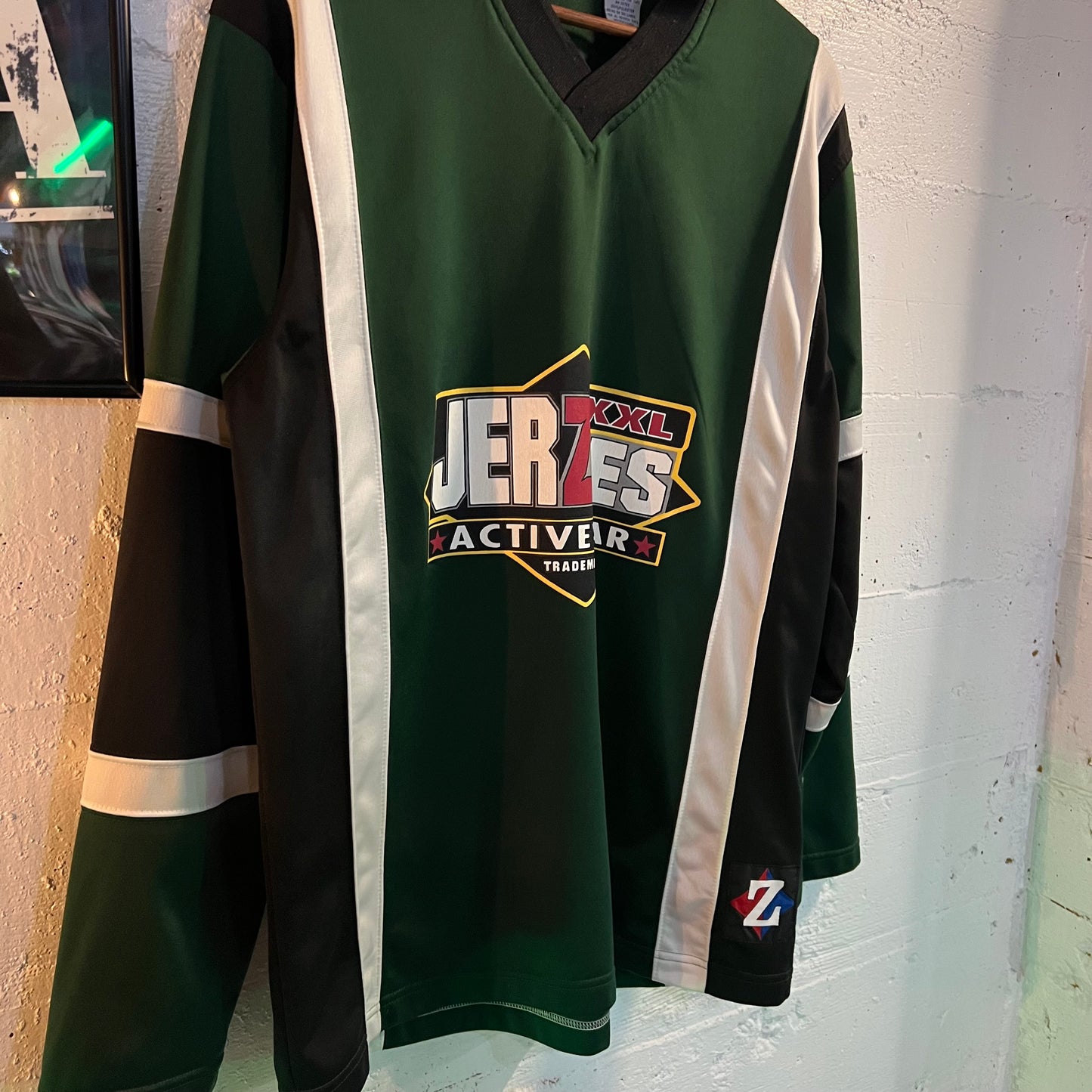 Vintage Jerzees Activewear Rugby Style Long Sleeve Jersey - Size Medium - Green/White/Black