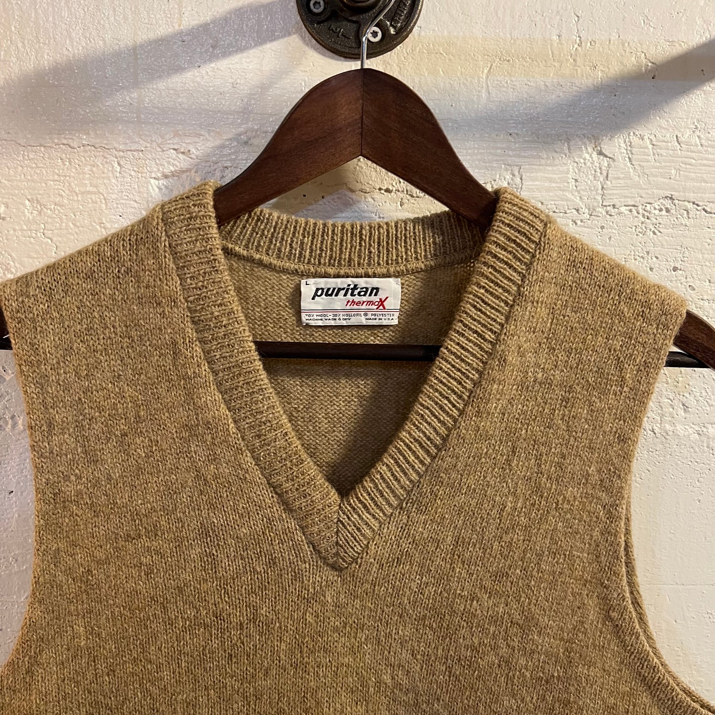 Vintage 80’s Puritan Thermax Knit Wool Blend Sweater Vest - Size Large - Made In USA - Tan