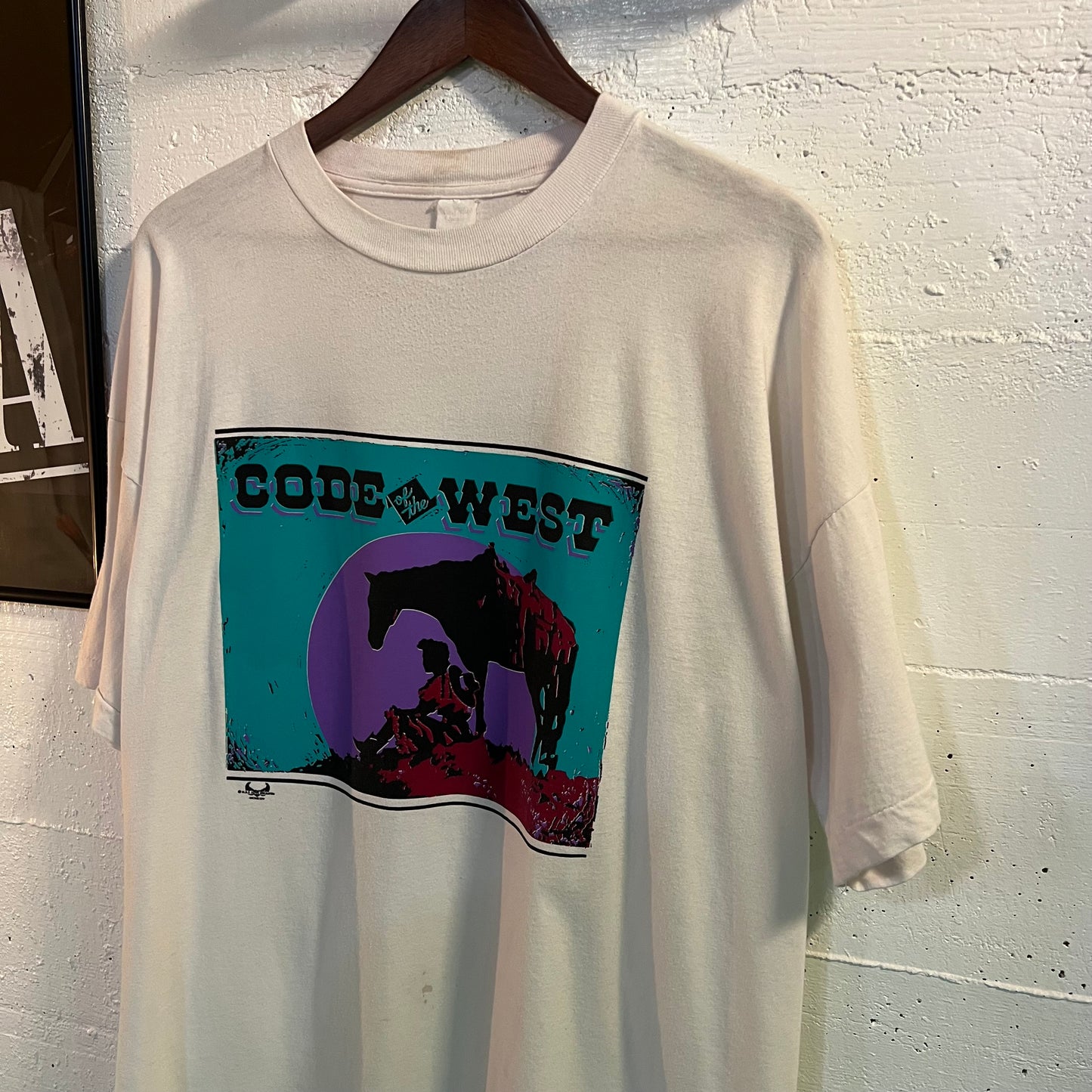 Vintage Distressed Code Of The West Cowboy Single Stitch T-Shirt - Size Large - Made In USA - White/Multi