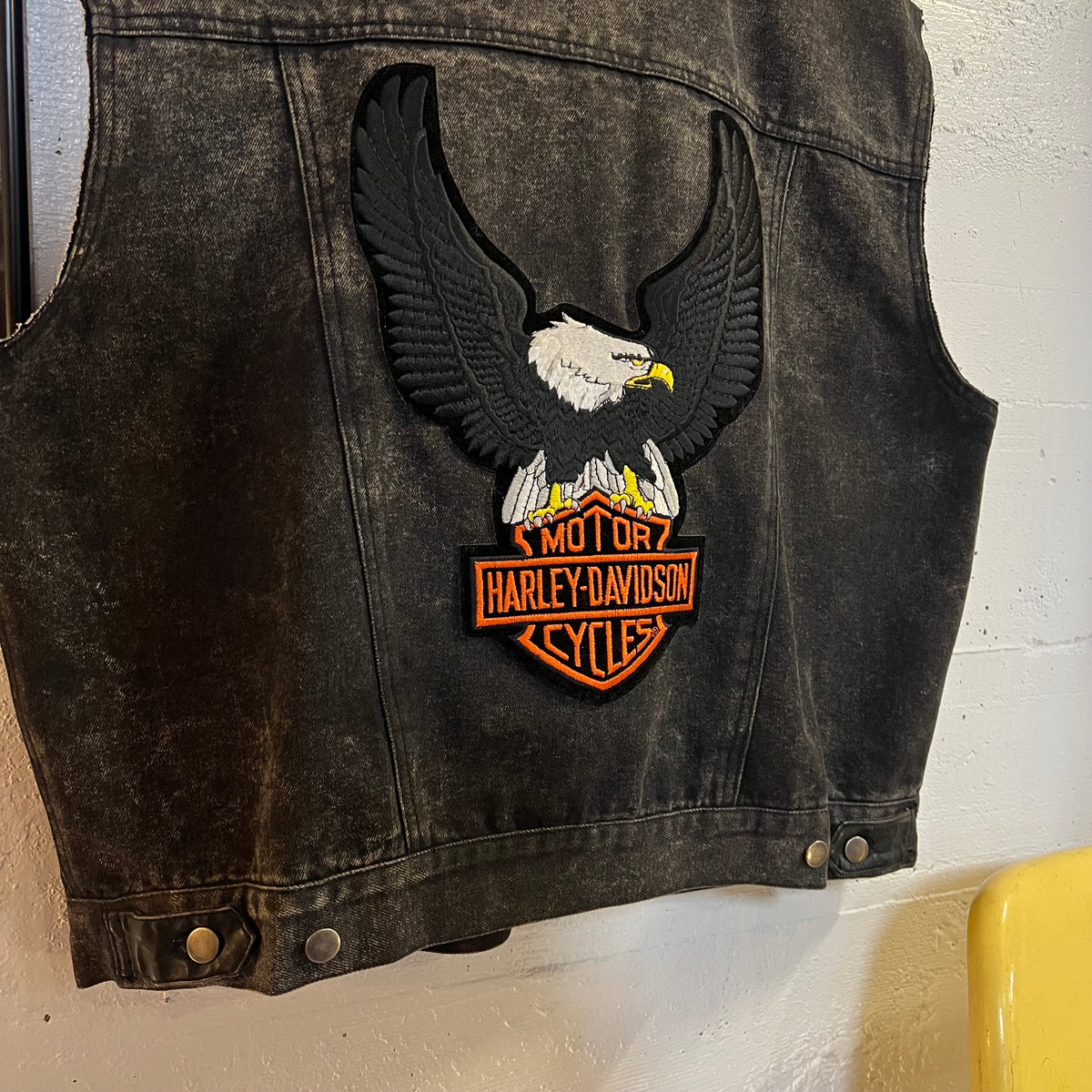 Vintage Harley Davidson Black Denim & Leather Eagle Patch Vest - Size L/XL - Black