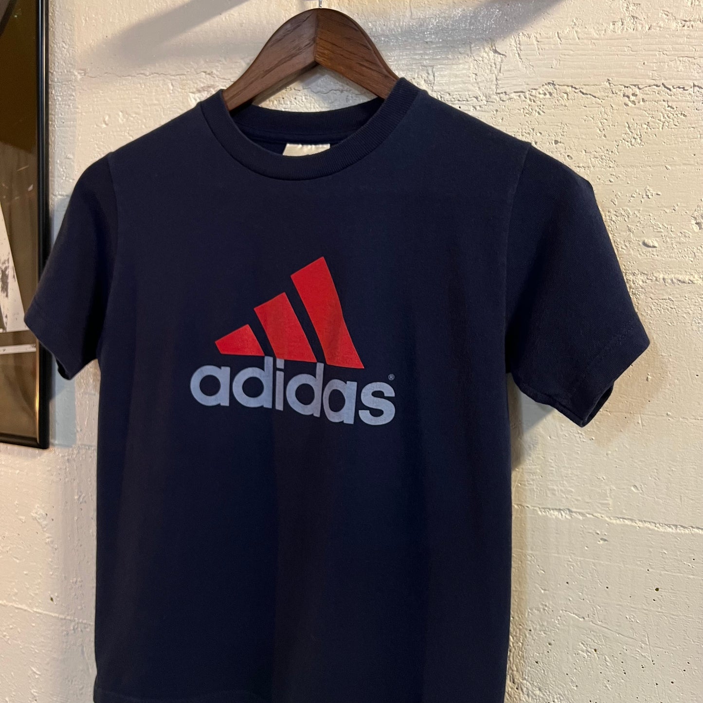 Vintage 90's Adidas Three Stripes Graphic Baby Tee - Size Small - Made In USA -Navy/Red