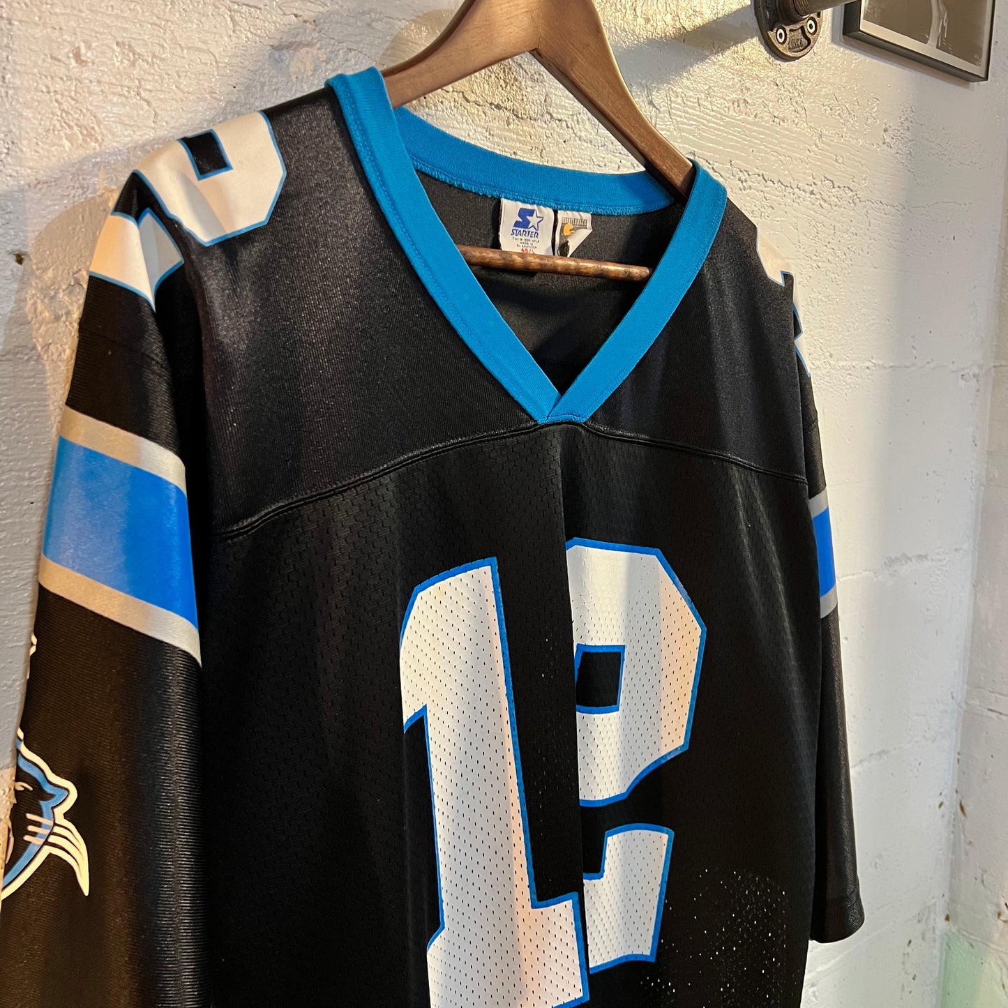 Vintage 90’s Starter Carolina Panthers ‘Collins #12’ Football Jersey - Size Large - Black/White/Blue
