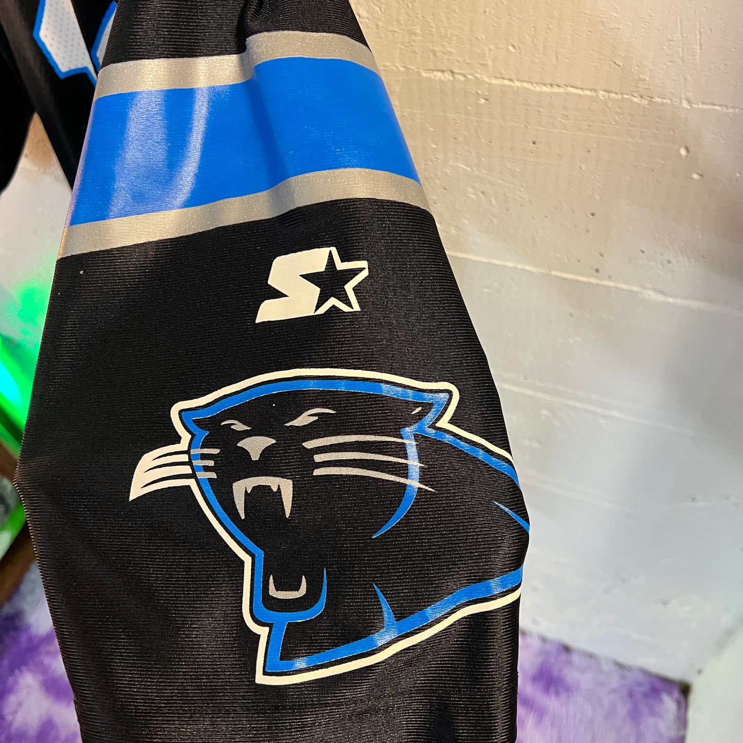 Vintage 90’s Starter Carolina Panthers ‘Collins #12’ Football Jersey - Size Large - Black/White/Blue