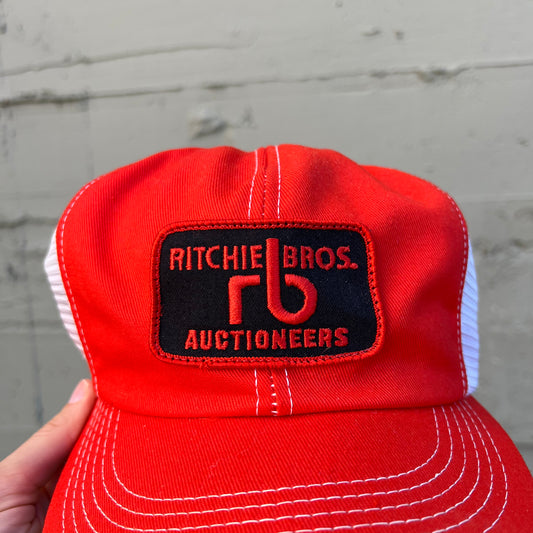 Vintage 80's Union Made K-Brand/K-Products 'Ritchie Bros' Contrast Stitch 2-Tone Mesh Back Trucker Hat - O/S - Made In USA - Orange/White