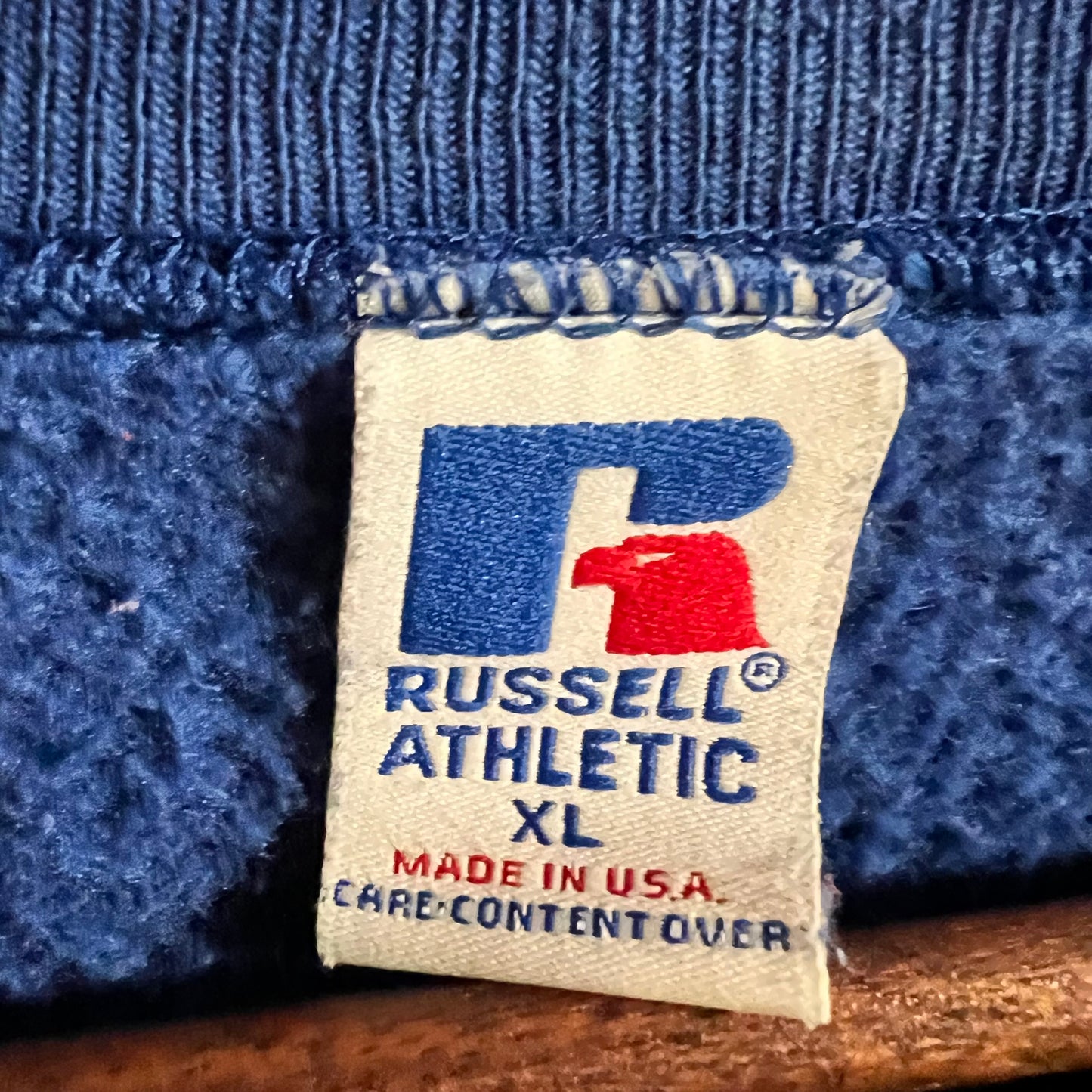 Vintage 90’s Russell Bismarck-Henning Blue Devils Wrestling Crewneck Sweatshirt - Size XL - Made In USA - Royal Blue/White/Yellow