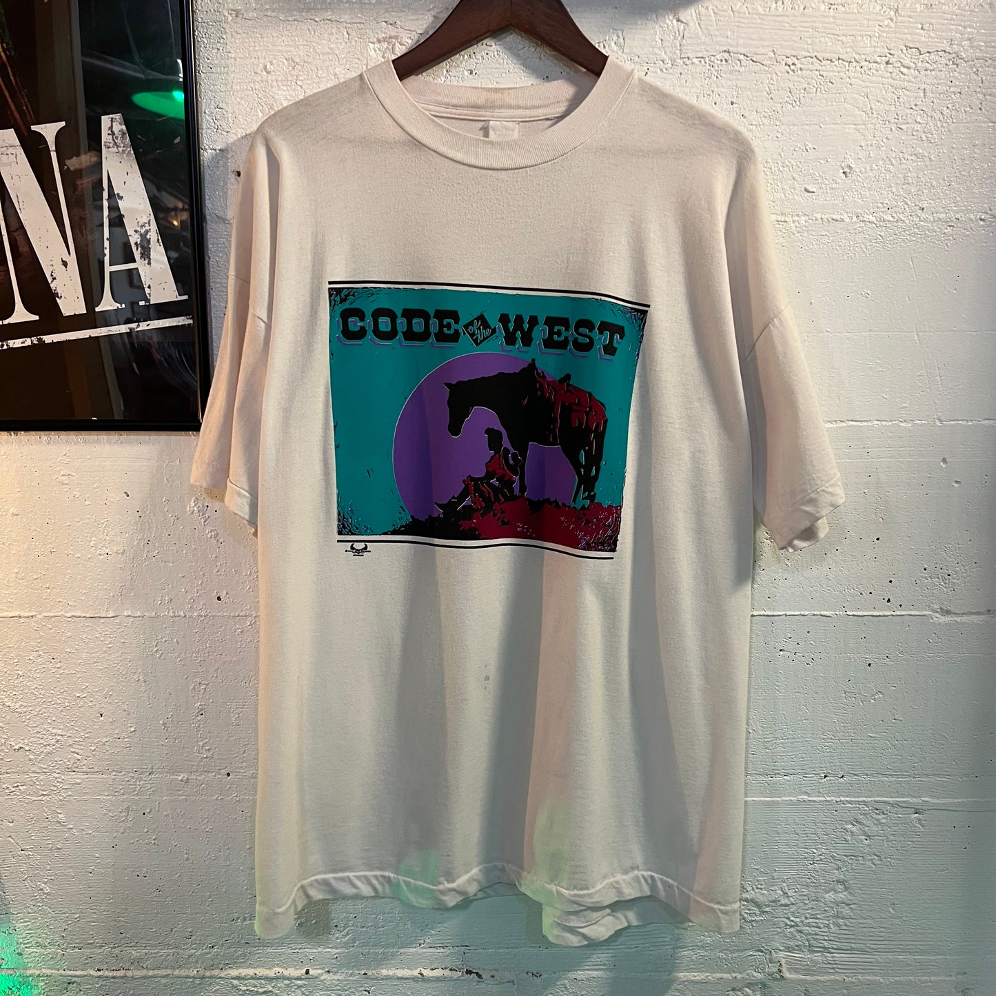 Vintage Distressed Code Of The West Cowboy Single Stitch T-Shirt - Size Large - Made In USA - White/Multi