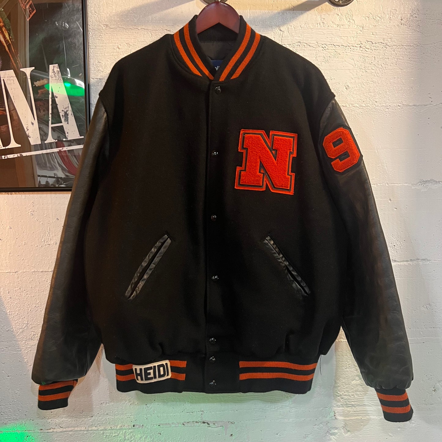 Vintage 90's Leather Varsity Letterman Jacket With Chenille Patch - Size XL - Made In USA - Orange/Black