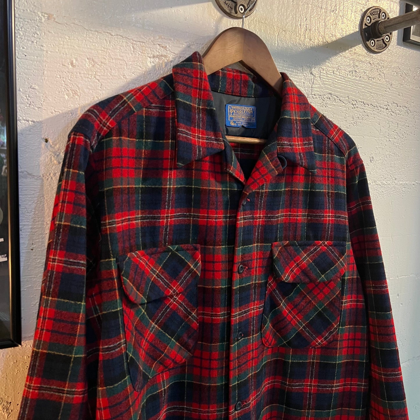 Vintage 60's/70's Pendleton Plaid Virgin Wool Board Shirt W/ Loop Collar - Size Large - Made In USA - Red/Green/Blue/Yellow