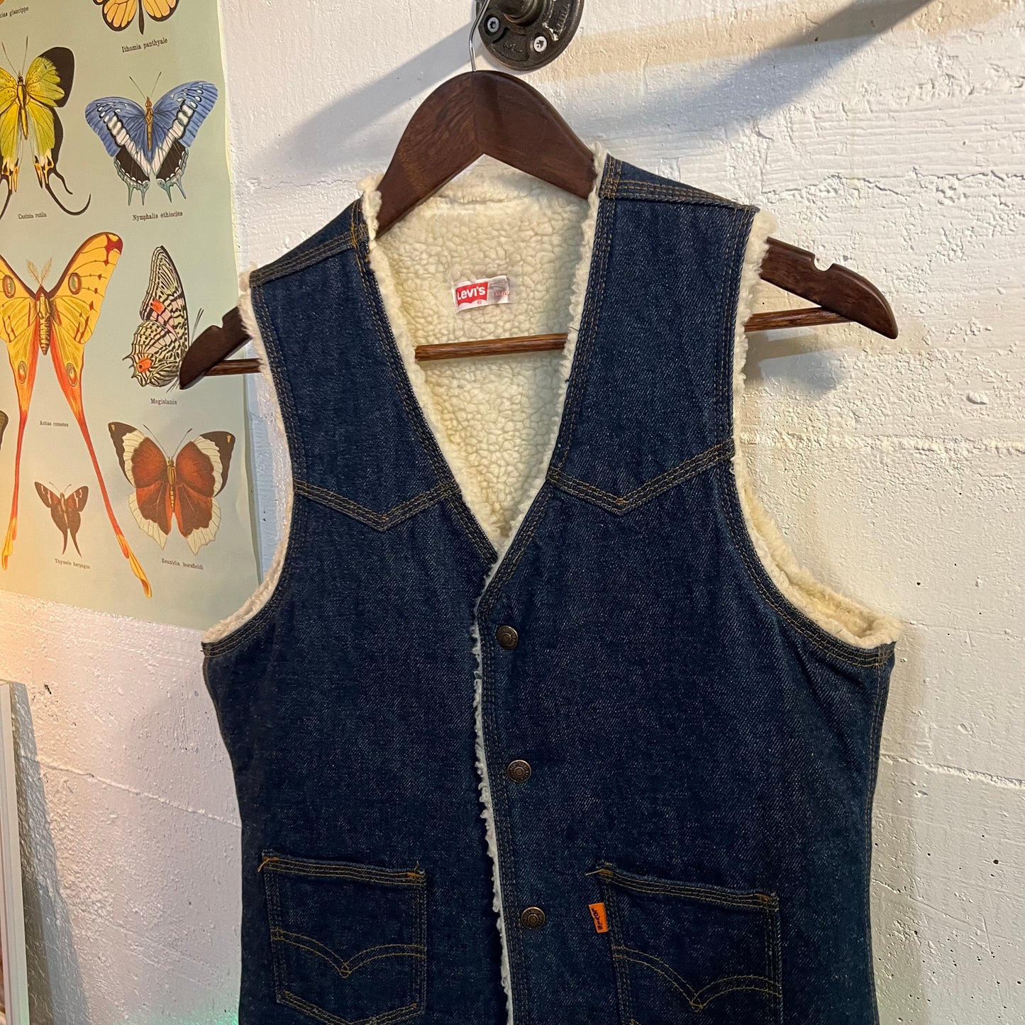 Vintage 1970's Levis Orange Tab Sherpa Lined Denim Vest - Size Small - Made In USA