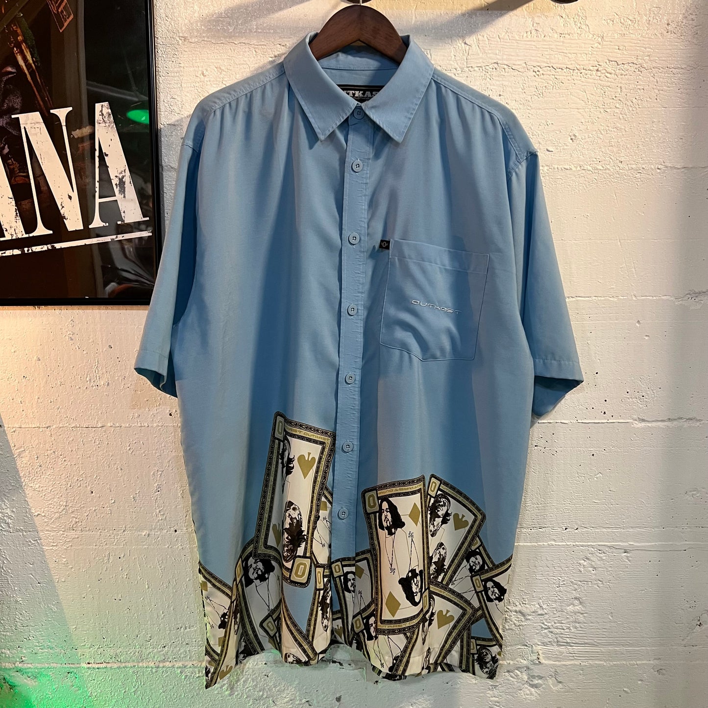 Vintage 90's Outkast Playing Card Short Sleeve Button Up Shirt - Size XL - Baby Blue/Multicolor