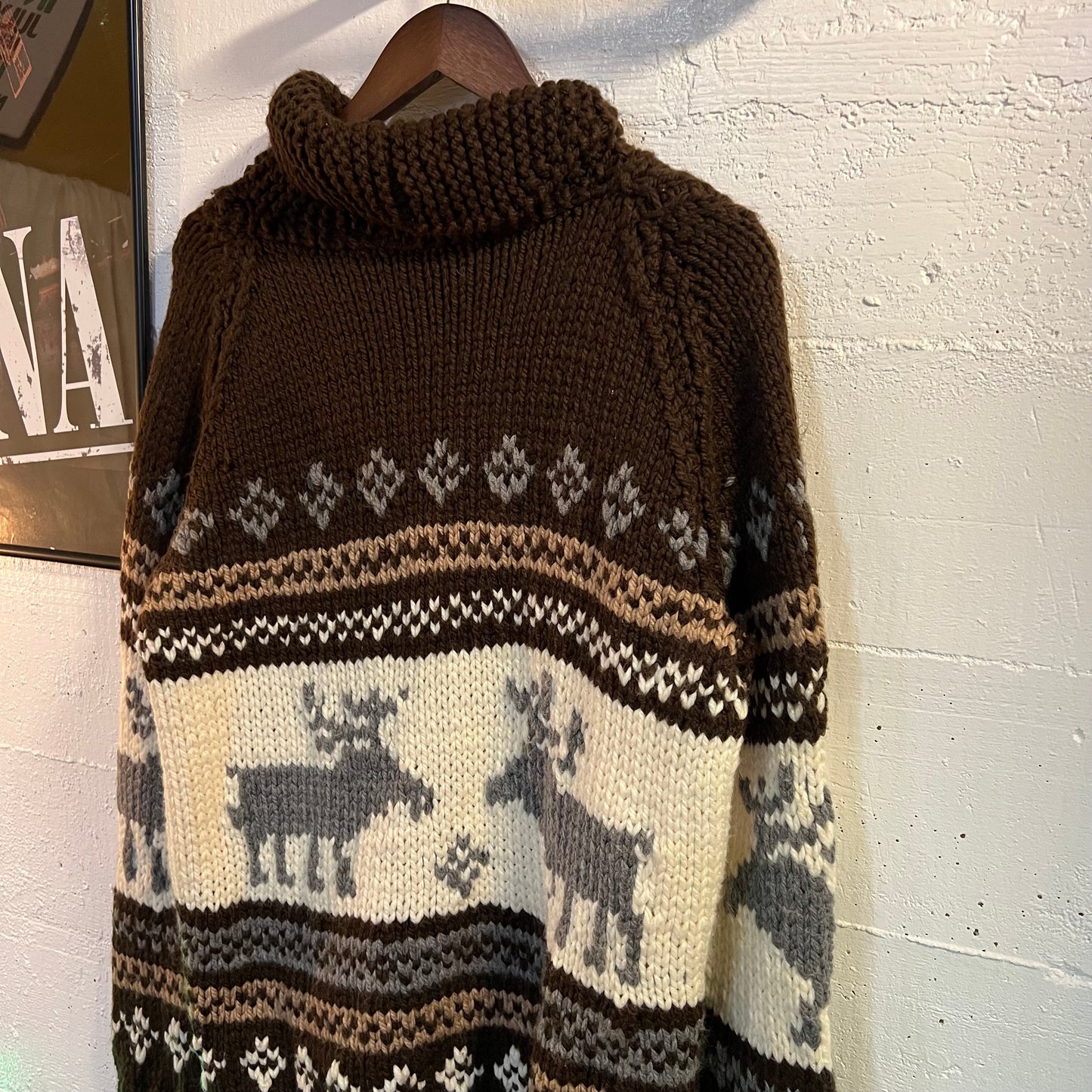Vintage 1970's Heavy Knit Cotton Moose Intarsia Shawl Collar Zip Sweater - Size L/XL - Cream/Brown