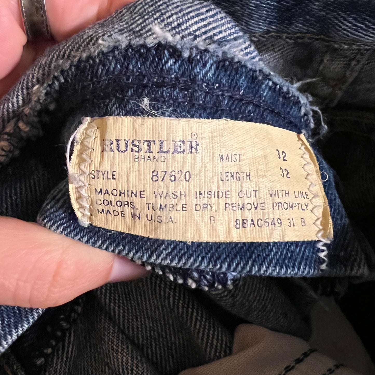 Vintage 70's/80's Rustler Faded Distressed Patch Denim Jeans - Size 32" x 32" - Made In USA - 87620 - Light Faded Indigo