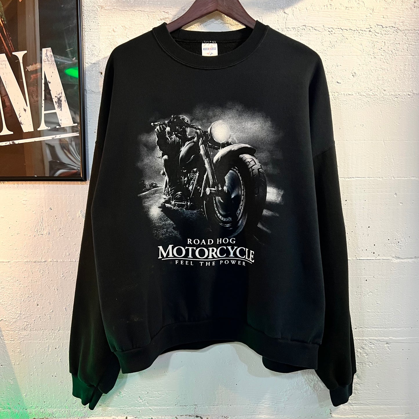 Vintage Distressed Jerzees Road Hog Motorcycle ‘Feel The Power’ Crewneck Sweatshirt - Size 2XL - Black/White