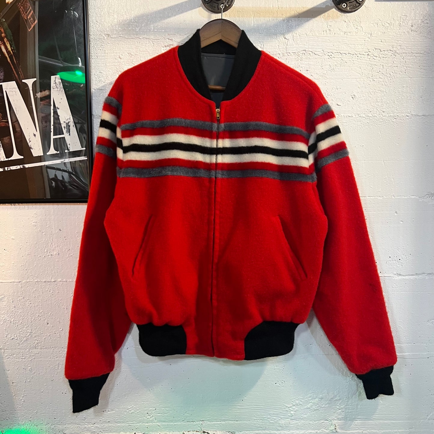 Vintage 1940's Striped Mohair Wool Reversible Stadium Bomber Jacket - Size Large - Made In USA - Talon Zipper