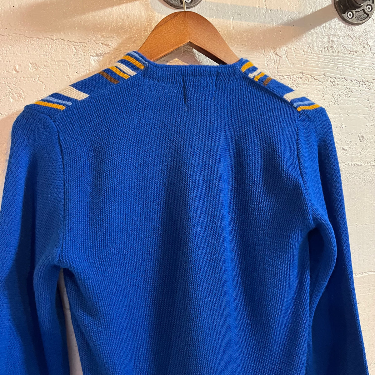 Vintage 60’s Campus Vertical Striped Knitted Cardigan Sweater - Size Youth XL (16) - Made In USA - Royal Blue/Multi
