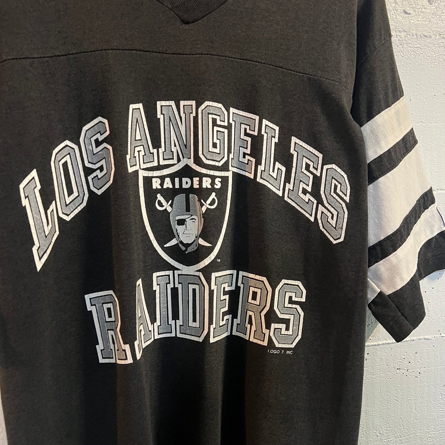 Vintage Logo 7 Los Angeles Raiders Jersey Style Single Stitch T-Shirt - Size Medium - Made In USA - Faded Black/White