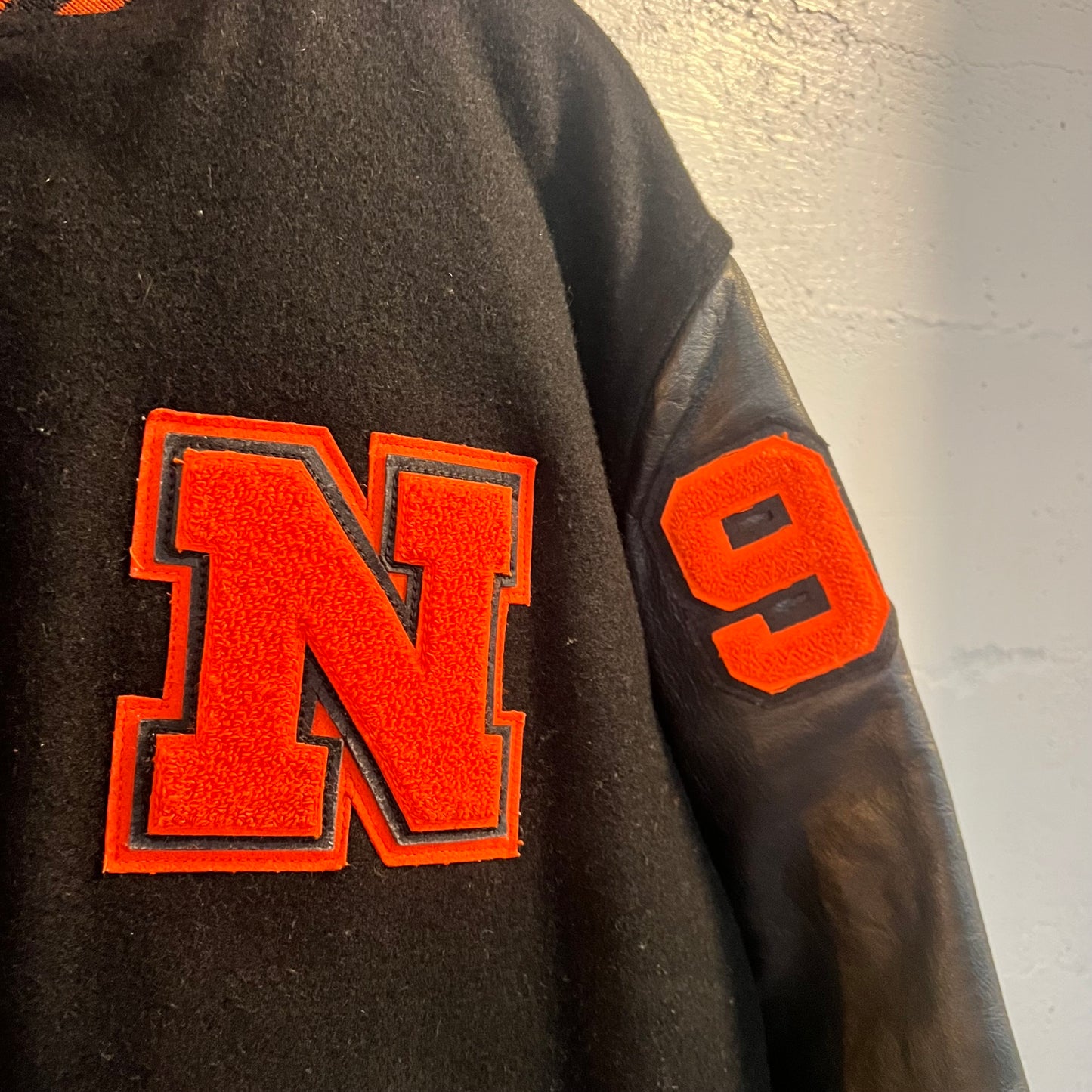 Vintage 90's Leather Varsity Letterman Jacket With Chenille Patch - Size XL - Made In USA - Orange/Black