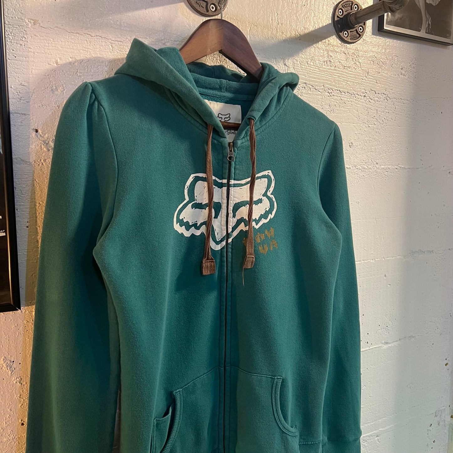 Vintage 2000's Y2K Fox Racing Girls 'You Love Fox' Zip-Up Sweatshirt - Size Large - Teal/White