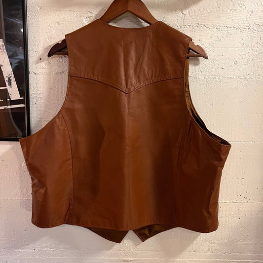 Vintage 90's Western Cut Brown Genuine Leather Vest - Size 48 (XL) - Made In USA - Brown